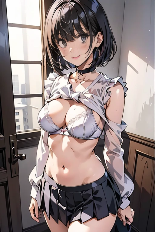 high school girl、(school girl uniform、large loose shirt、shoulders are visible、nipple bumps、16 year old girl、my shirt is wet、Sheer white shirt、Pleated Micro Mini)、(slim)、photorealistic、detailed, skin texture, 超detailed、スーバーdetailedな顔、detailed唇、detailedな目、double eyelid、large breasts、emphasized chest、very shy look、Lift the hem of the skirt yourself,、show your white panties to the camera、panty shot、The figure that seems to be able to see the panties、I can see your panties、Panties visible through the gap between the thighs、Panties visible through the gap between the legs、Panties visible from the legs、short cut hairstyle、Breast flick、Bra visible through the gap in the shirt、Bra seen through the shirt、sexy outfit、Chirarism、eroticism、Shameful appearance、Underwear visible from loose clothes、Underwear visible through the gaps in clothes,A sloppy smile、a cute girl、glamorous body、