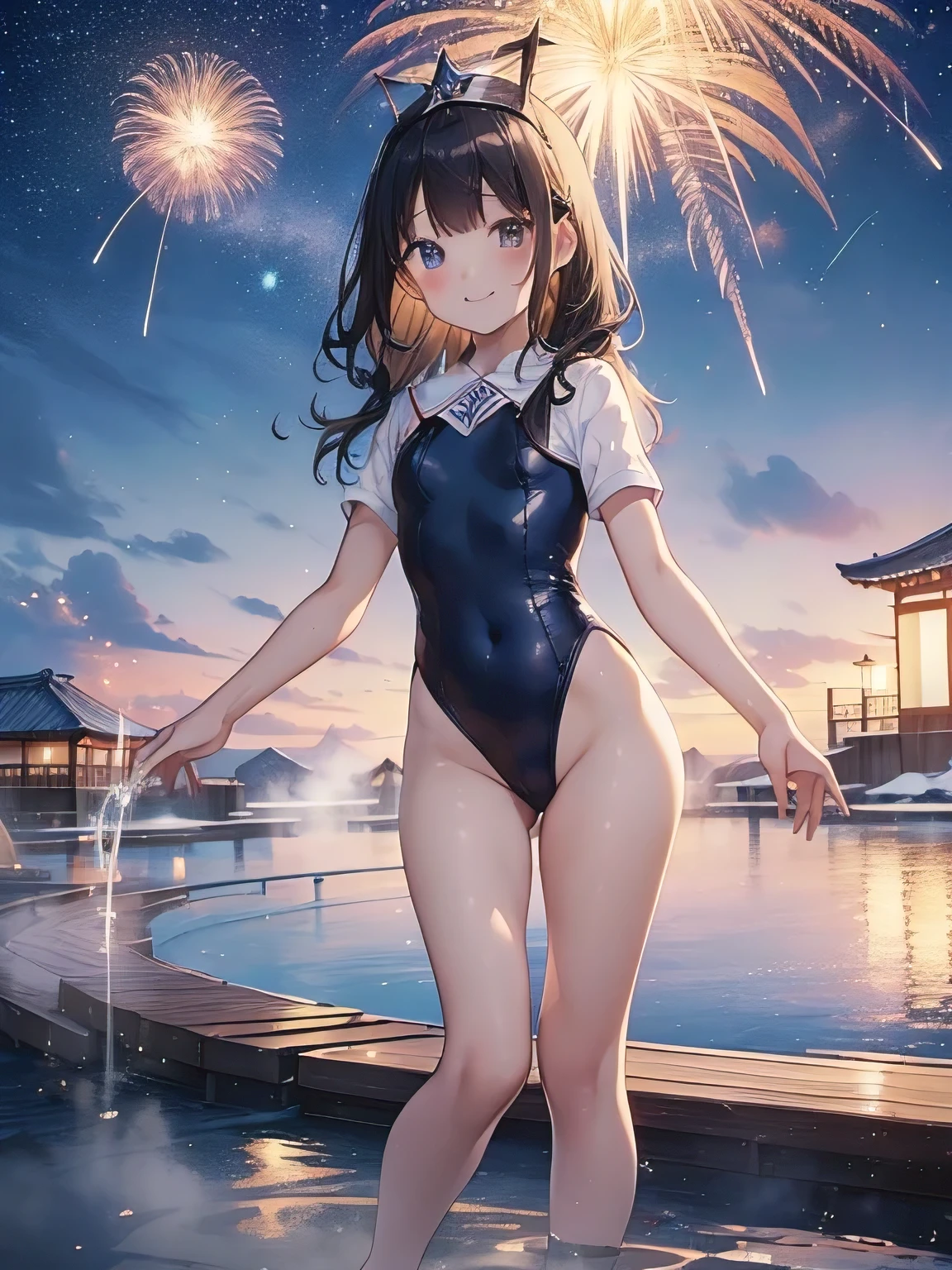 highest quality、very delicate and beautiful、I、I、8-year-old 、Japanese、、Chiquita、Noble、primary school student、black hair、barefoot、(((Stars and Stripes Leotard)))、（High leg）、Tiara on the head、lazy smile、Are standing、facing forward、The background is a snowy hot spring