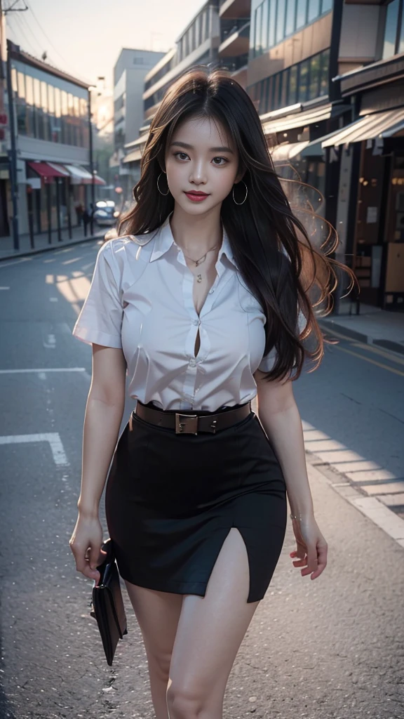 highest resolution, 8K, high definition , (((extra long hair),(Hair length 12 meters))) , Thai Students,Half Thai, Japanese, Korean,Height 173 centimeters , ((stand,walk)) , Beautiful face,แต่งBeautiful face,Double eyelids,red lips,smile at the corner of the mouth,beautiful eyes,Wear red and blue contact lenses. , Beautiful Woman,The texture is realistic. , ((Slim white short-sleeved shirt)) , TAT((collar shirt)) , ((Matte black short pencil skirt,Very short,Side incision,กระโปรงสีดำด้านพร้อมbeltผู้หญิง,tight)) , ((Huge breasts,Breast augmentation,เต้าBig tits,Big tits,Plump milk,Fluffy milk,Huge breasts)) , ((Symmetrical shape,sexy figure,Thin,slim,small waist,Long legs,Beautiful thighs)) , ((Pitch black high heels,earring,Put on a watch,belt)) , (full body,Look at every part of the body.) , (university backdrop, building,building,lawn,outdoor sports field)