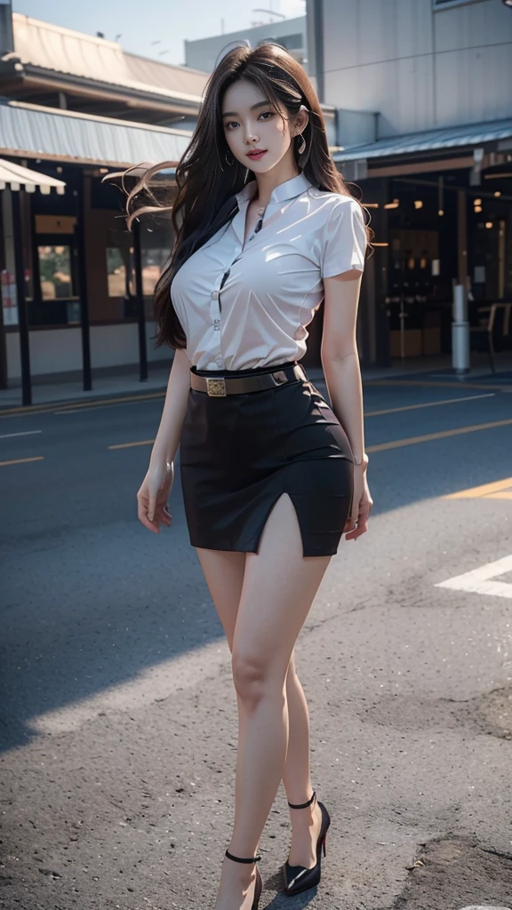 highest resolution, 8K, high definition , (((extra long hair),(Hair length 12 meters))) , Thai Students,Half Thai, Japanese, Korean,Height 173 centimeters , ((stand,walk)) , Beautiful face,แต่งBeautiful face,Double eyelids,red lips,smile at the corner of the mouth,beautiful eyes,Wear red and blue contact lenses. , Beautiful Woman,The texture is realistic. , ((Slim white short-sleeved shirt)) , TAT((collar shirt)) , ((Matte black short pencil skirt,Very short,Side incision,กระโปรงสีดำด้านพร้อมbeltผู้หญิง,tight)) , ((Huge breasts,Breast augmentation,เต้าBig tits,Big tits,Plump milk,Fluffy milk,Huge breasts)) , ((Symmetrical shape,sexy figure,Thin,slim,small waist,Long legs,Beautiful thighs)) , ((Pitch black high heels,earring,Put on a watch,belt)) , (full body,Look at every part of the body.) , (university backdrop, building,building,lawn,outdoor sports field)