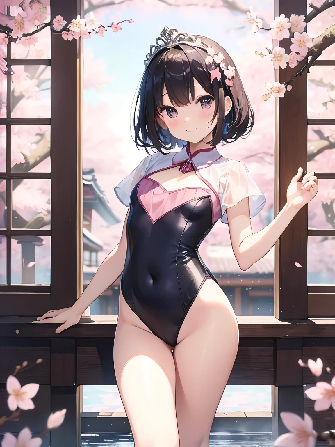 highest quality、very delicate and beautiful、I、I、8--old panese、、Chiquita、Noble、primaryhair、barefoot、(((cherry blossom pattern leotard)))、（High leg）、Tiara on the head、lazy smile、Are standing、facing forward、The background is a snowy hot spring