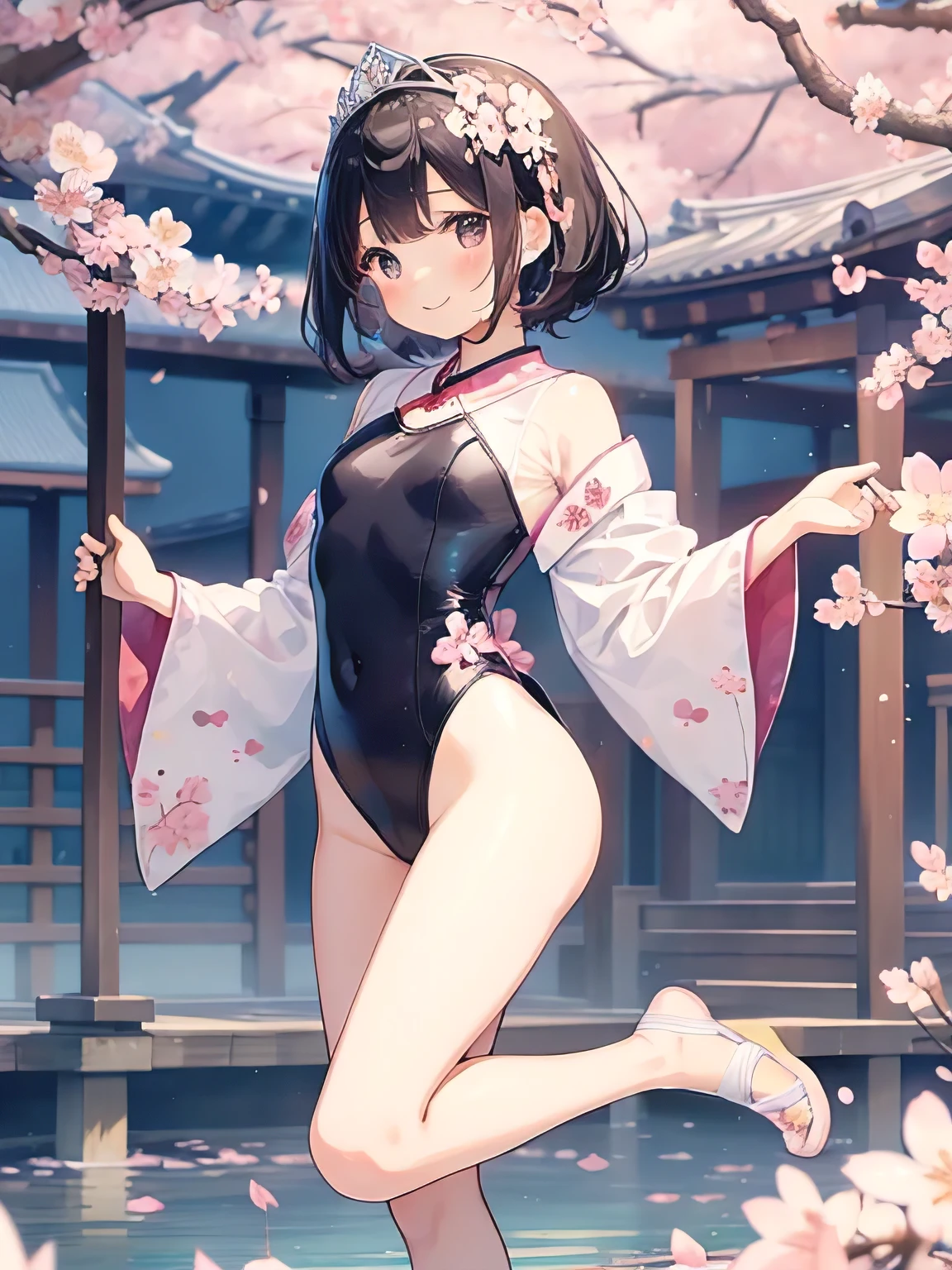 highest quality、very delicate and beautiful、I、I、8-year-old 、Japanese、、Chiquita、Noble、primary school student、black hair、barefoot、(((cherry blossom pattern leotard)))、(High leg)、Tiara on the head、lazy smile、Are standing、facing forward、The background is a snowy hot spring