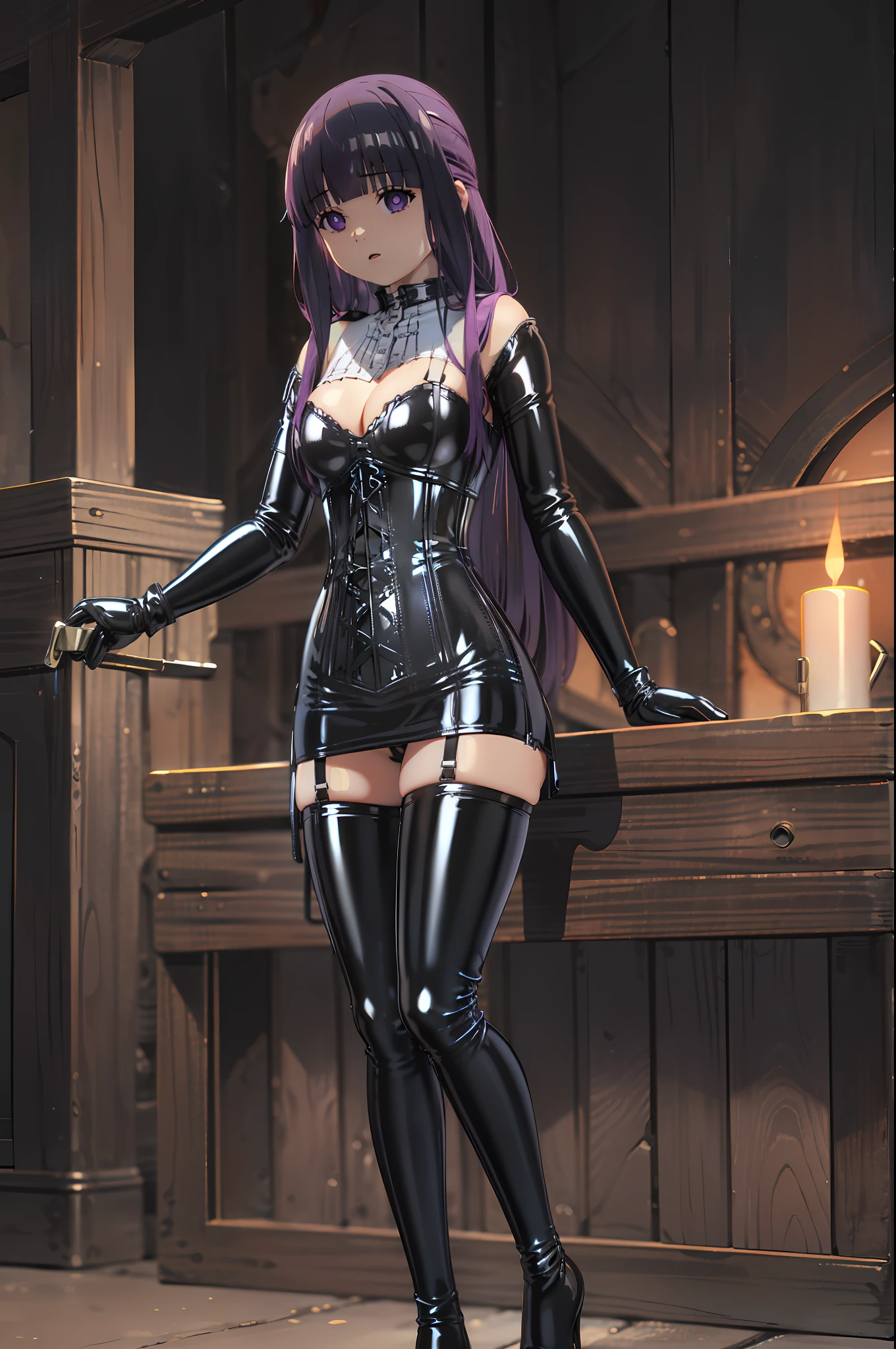 (highest quality, masterpiece),sexy, erotic, 1 girl, 18-year-old, despise, Pride, purple long hair, ((purple eyes)), looking at the viewer, medieval tabernacle, (close), ((dark room)), the candle is lit,, ((cleavage)), Mr.々Inside a torture chamber with various tools、
BDSM、(((black latex corset dress:1.4)))、The corset is decorated with beautiful embroidery.、corset dress with shoulder straps、(((black latex tight miniskirt:1.4)))、(((Black latex bra)))、(((Black latex panties)))、first round、((Black Thigh Boots))、high heel boots、Expressionless
