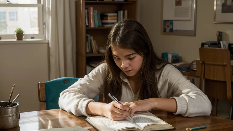 Write a detailed scene depicting a age woman diligently studying in her room at the table. Explore her surroundings, capture her emotions, and delve into the challenges or distractions she may encounter during her study session. Consider incorporating elements that reflect her personality, interests, and the atmosphere of her study environment.