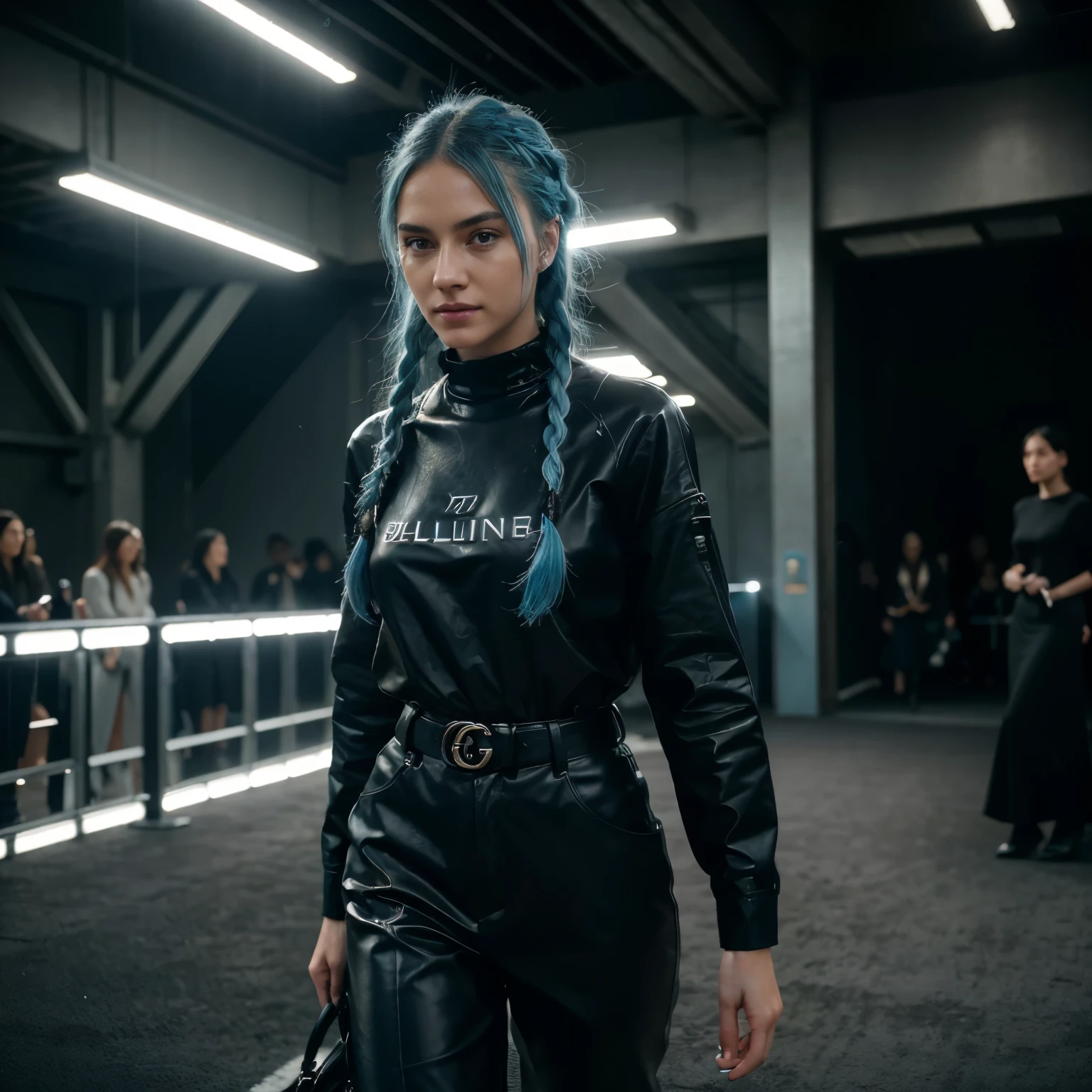23 year old woman, beautiful woman, cute smile, light blue hair, long braided hair, fully clothed, all black full outfit, all black Balenciaga brand, Gucci, LV fashion, high end fashion, Milan fashion week, fashion week, cat-walk, hyper realistic, highest quality, ultra realistic, extremely detailed, hd, HDR, hyper detailed, professional photoshoot, cinematic, ultra detailed, beautiful body, visually rich, concept art, luminous, intricate details, subtle colors, extremely detailed, ultra sharp focus, light particles, attention to detail, grandeur and awe, stunning visual masterpiece, double exposure, 32k, photorealistic, strong outlines, cinematographic scene, highest quality