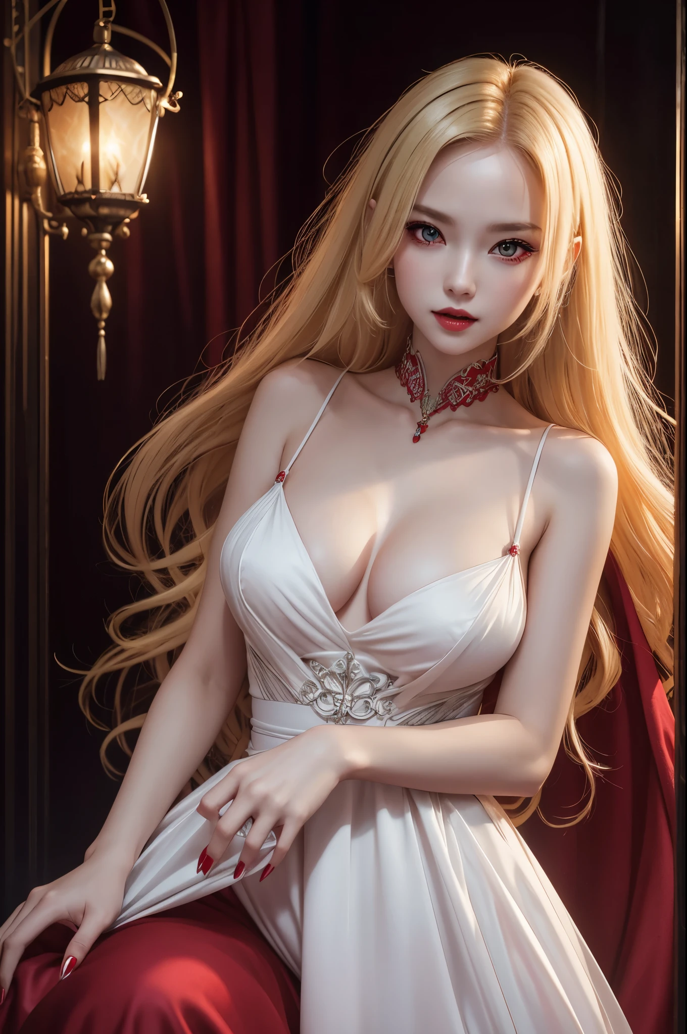8K、Photorealistic RAW photos of the highest quality。Super beautiful(lifelike face) Bright colors、perfect woman image、laughter、Trending at Art Station、masterpiece、8K resolution、fantasy art、Super high resolution,,Mr.々pose,Charm,sexy,rich colors, Backlight, cinematic lighting, film grain, born, 50mm lens, Nikon D850,Vampire Queen,Glowing red eyes,white skin,super realistic skin,Luxurious red dress,red rouge,red nails,Inside the Labyrinth,Vampire Fangs,sexyな外装,blonde,