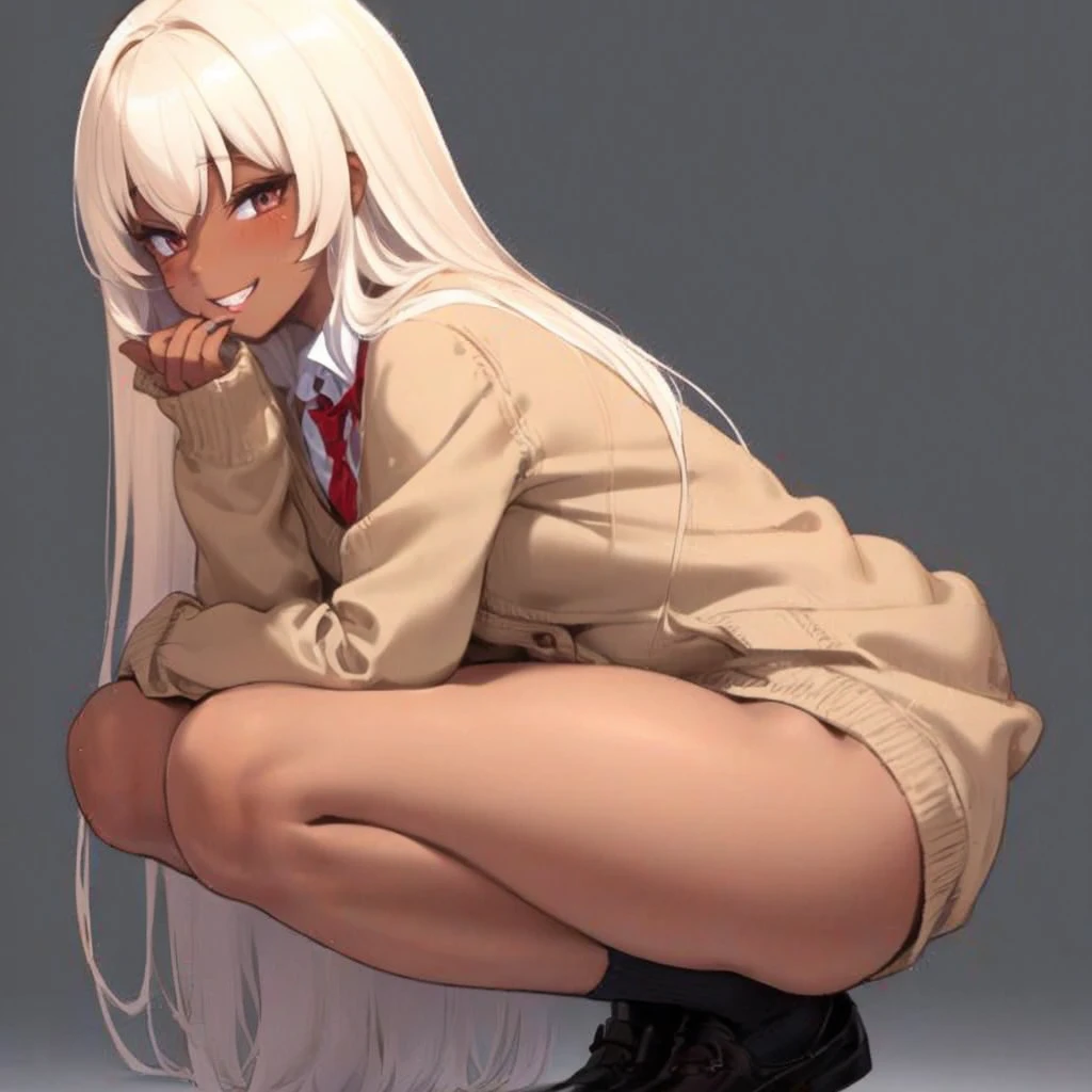 (From side, Looking away) ,buttjob ,Beautiful Girl, smile, huge-lip,droopy eyes, ,BREAK, (chocolate brown skin, dark skin), BREAK, blonde hair,JK ganguro,School Uniforms,sleeves past wrists, brown cardigan is fit body,inner wear is white collared-shirt, unbuttoned, straight hair BREAK, uniform red ribbon,solo, Full body,grin,