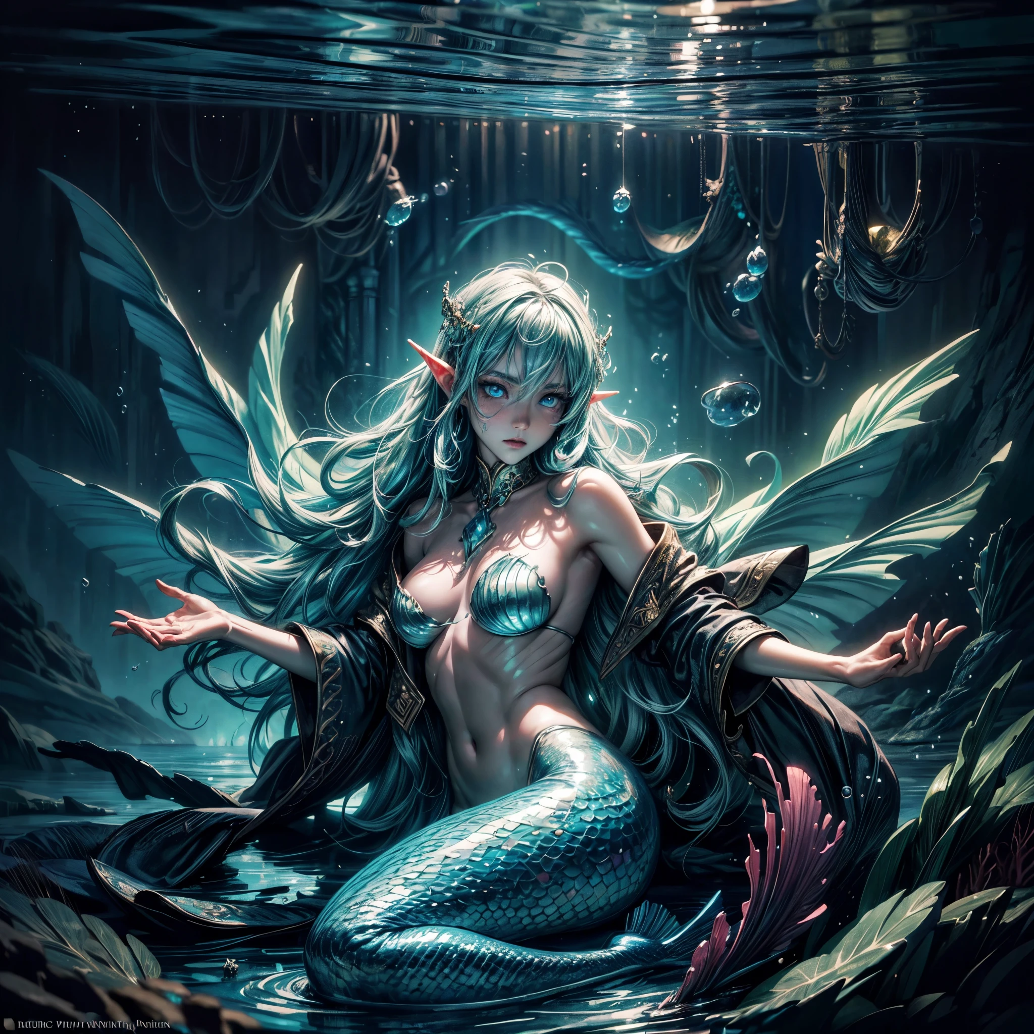 a beautiful mermaid, magnificent big eyes, glowing big eyes, dragon pupils, beautiful detailed reflective eyes, adorable face, deep soulful eyes, middle shot,extreme quality, masterpiece, colour correction,vivid, light exposure, underwater, Fire and Water, flying fluid, different eye colors, jellyfishes