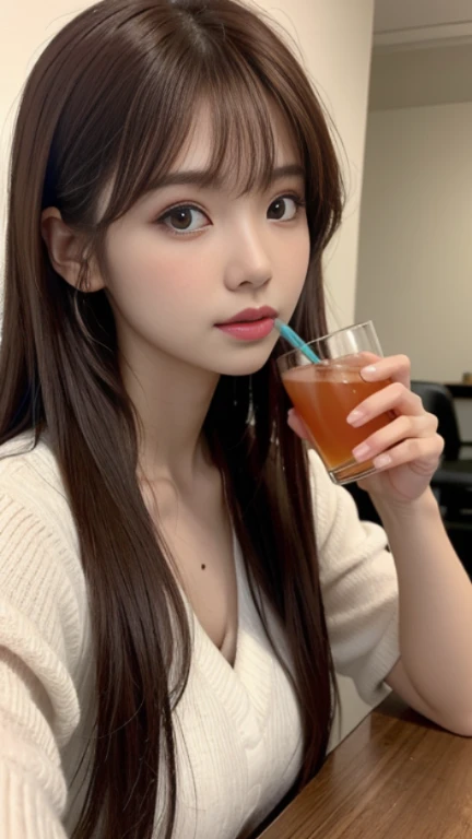 arafed asian girl with long hair drinking a drink, Lalisa Manobal, Lalisa Manoban de Blackpink, ulzzang, brown long hair with bangs, Cabello largo con flequillo completo, Pelo largo con flequillo, maquillaje popular de Corea del Sur, auburn hair with bangs, flequillo largo y recto, brown bangs, brown hair and bangs, maquillaje coreano popular