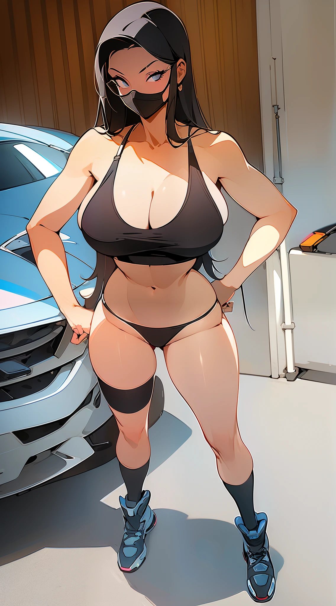 ((illustration)), female, standing, garage background, ((in vector style)), sakimichan art style