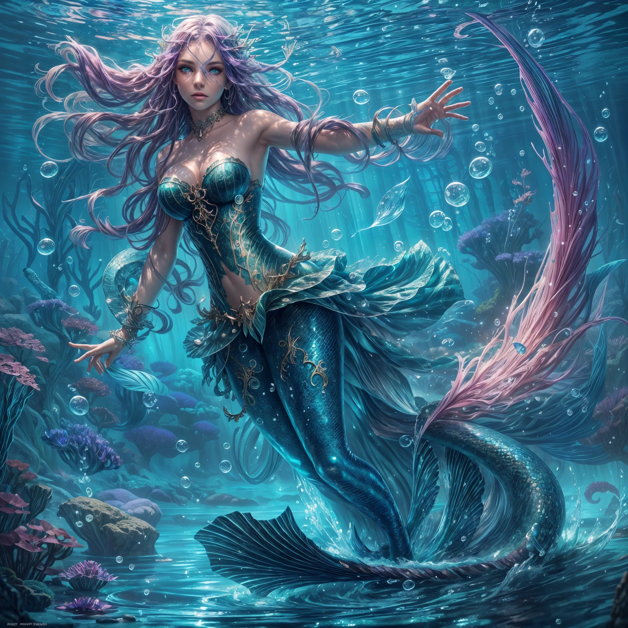 high details, best quality, 16k, [ultra detailed], masterpiece, best quality, (extremely detailed), full body, ultra wide shot, RAW, photorealistic, fantasy art, dnd art, rpg art, realistic art, an ultra wide picture of a mermaid (1.5 intricate details, Masterpiece, best quality) water mage casting ((water control spell)), water wizard ((water magic, intense magic details)), ((controlling a swirling mass of water)), magical symbols GlowingRunes_pink, female mermaid, blue skin, green hair, long hair, swirling hair, lower body tail fin, intense eyes, small pointed ears, ((blue eyes)), ((glowing eyes)), armed with magical wand, wearing sea shell clothing, beautiful mermaid, underwater background, rich underwater life, ((magical atmosphere)), fish and sea weeds, high details, best quality, highres, ultra wide angle