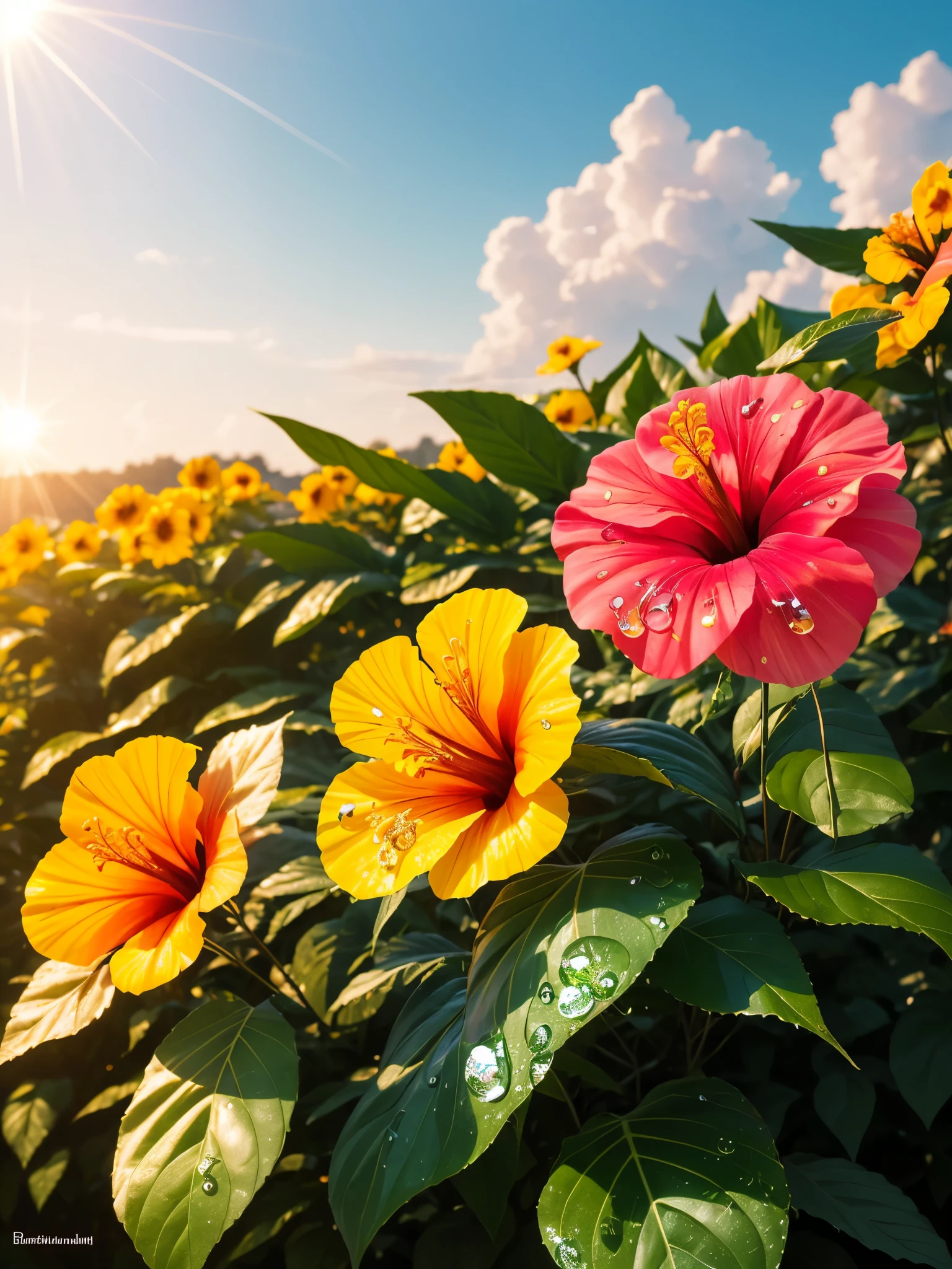 Yellow hibiscus, sunlight with water drops,neon glow, yellow hibiscus random background, sun rise, bokha mood, sun rays, sun rays crossing the flower