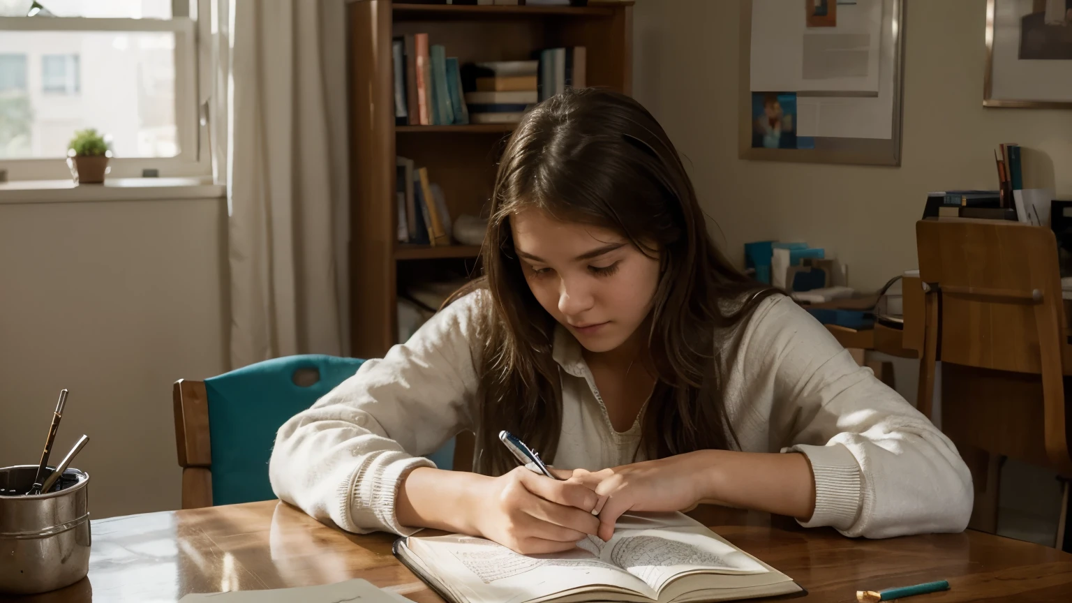 Write a detailed scene depicting a woman diligently studying in her room at the table. Explore her surroundings, capture her emotions, and delve into the challenges or distractions she may encounter during her study session. Consider incorporating elements that reflect her personality, interests, and the atmosphere of her study environment.