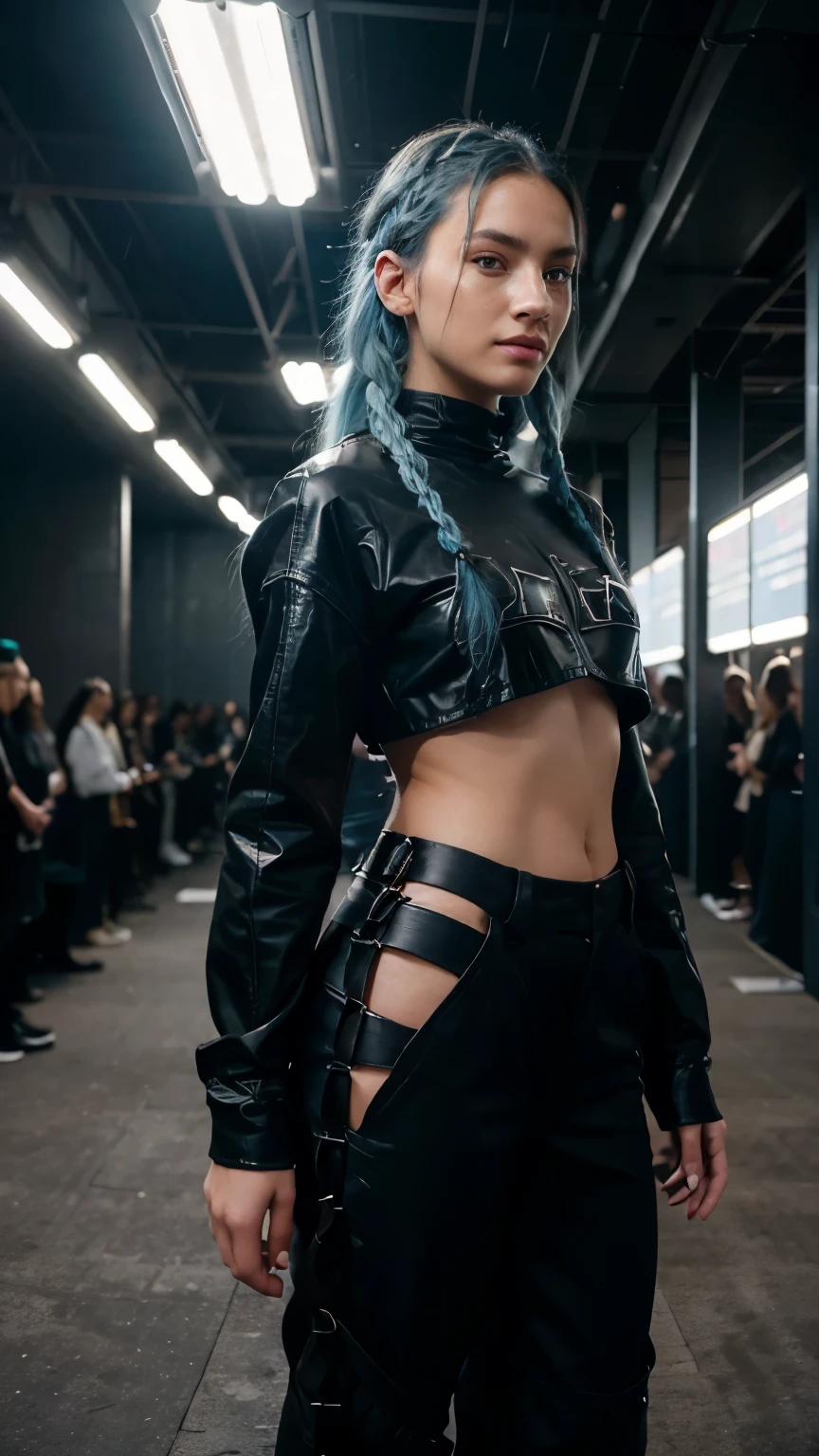 23 year old woman, beautiful woman, cute smile, light blue hair, long braided hair, fully clothed, all black full outfit, all black Balenciaga brand, Gucci, LV fashion, high end fashion, Milan fashion week, fashion week, cat-walk, hyper realistic, highest quality, ultra realistic, extremely detailed, hd, HDR, hyper detailed, professional photoshoot, cinematic, ultra detailed, beautiful body, visually rich, concept art, luminous, intricate details, subtle colors, extremely detailed, ultra sharp focus, light particles, attention to detail, grandeur and awe, stunning visual masterpiece, double exposure, 32k, photorealistic, strong outlines, cinematographic scene, highest quality