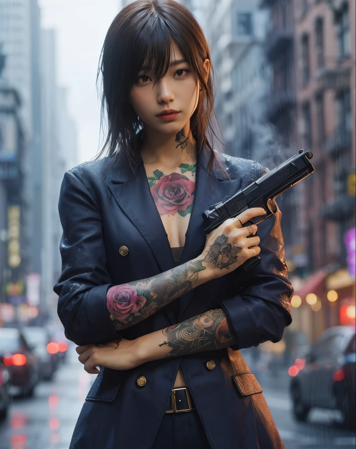 Photoreal、realistic skin texture、tattoo、gun