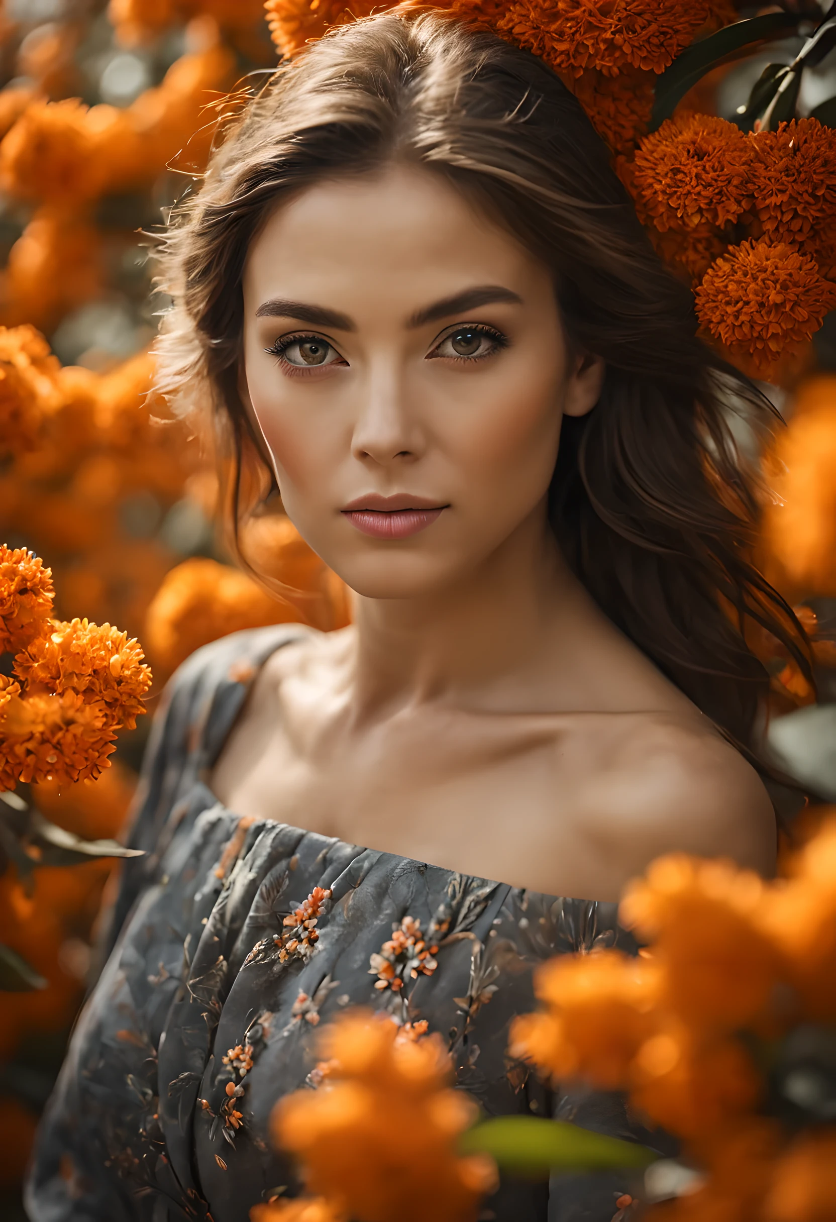 A woman with flawless skin stands amidst a sea of Orange blossoms, her gaze meeting the camera with a sense of intrigue. The matching tones of the image create a romantic atmosphere, perfectly matching the color palette. The sharp focus captures every detail, while the post-processing techniques add a unique and creative touch. The composition is expertly crafted, with global illumination adding a sense of depth and dimension. Taken with a Canon EF 16-35mm lens, this portrait is a stunning example of visual storytelling.