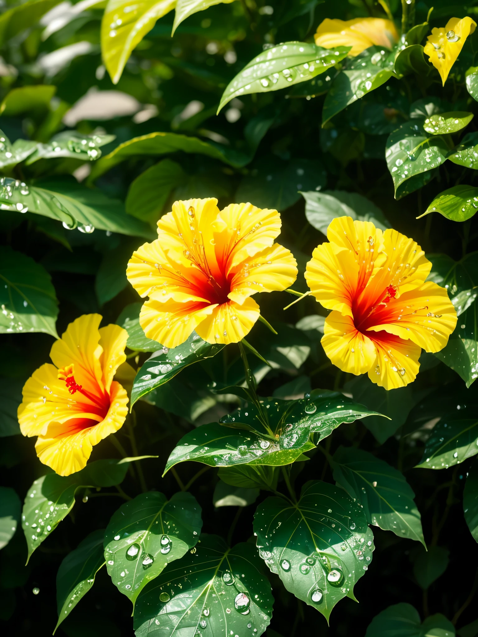 Yellow hibiscus, sunlight with water drops,neon glow, yellow hibiscus random background, sun rise, bokha mood, sun rays