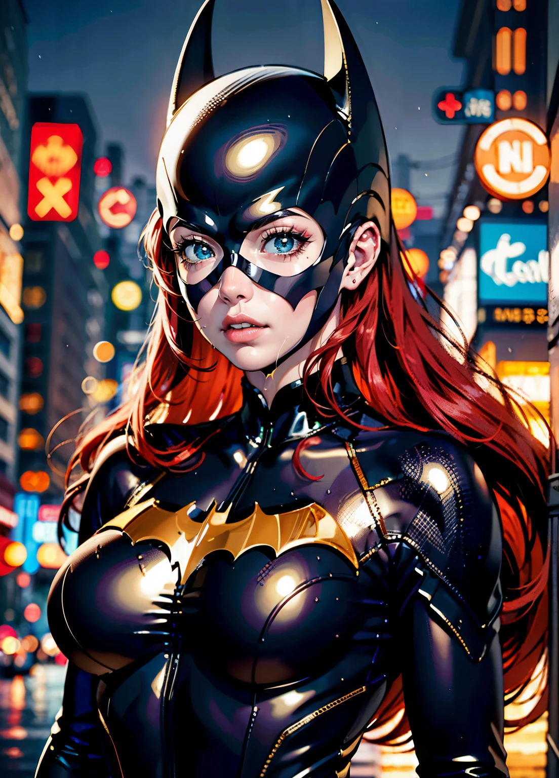 (masterpiece:1.2, best quality), actual, (real picture, 复杂的detail, depth of field), red haired woman, beauty, batgirl clothes, Batgirl cosplay, full body photo, prominent figure, In skyscrapers, night, photo (masterpiece) (best quality) (detail) (8k) (HD) (wallpaper) (Cinema lighting) (sharp focus) (complex), Sexy, rain, wet, lightning, Wind-effect, best quality, ultra high resolution, photorealistic, full body portrait, 令人难以置信的beauty, big deal breasts, big deal , 最big deal乳房, 巨big deal乳房, red face