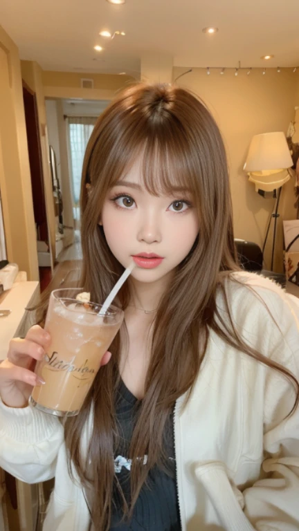 arafed asian girl with long hair drinking a drink, Lalisa Manobal, Lalisa Manoban de Blackpink, ulzzang, brown long hair with bangs, Cabello largo con flequillo completo, Pelo largo con flequillo, maquillaje popular de Corea del Sur, auburn hair with bangs, flequillo largo y recto, brown bangs, brown hair and bangs, maquillaje coreano popular