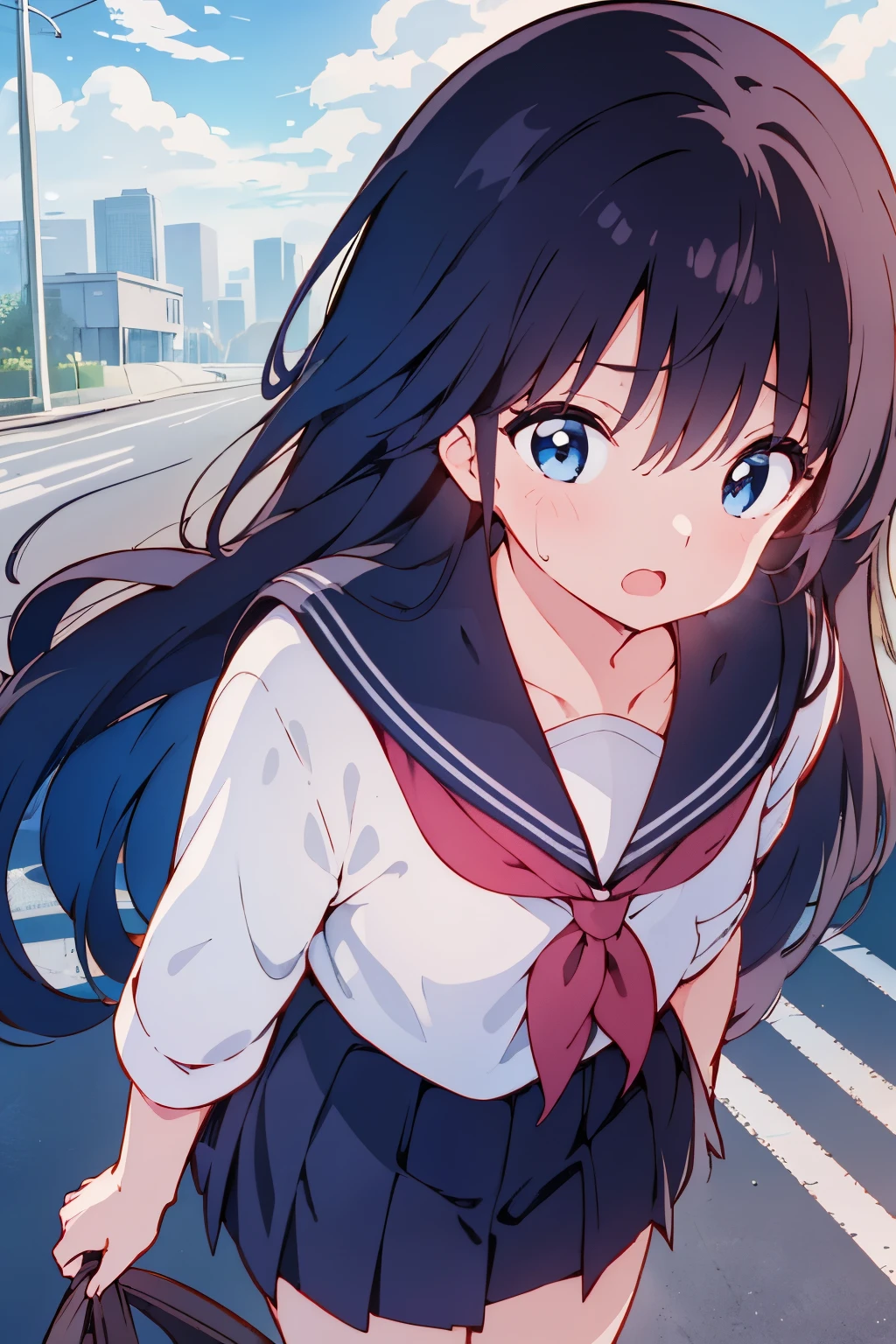 masterpiece,best quality, lens flare, depth of field, (close-up:1.3), (wide shot, fisheye:0.85), facefocus, 1girl ,ayukawa madoka, standing, black long hair, school uniform,pleated skirt, blue sky,cloudy sky,city,street,road sign, skyscraper, 17歳, 身長160cm