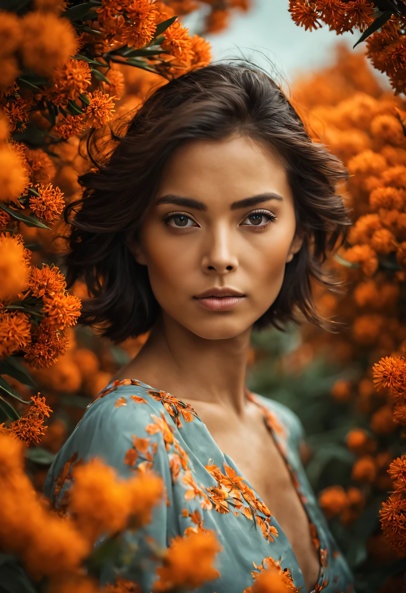 A woman with flawless skin stands amidst a sea of Orange blossoms, her gaze meeting the camera with a sense of intrigue. The matching tones of the image create a romantic atmosphere, perfectly matching the color palette. The sharp focus captures every detail, while the post-processing techniques add a unique and creative touch. The composition is expertly crafted, with global illumination adding a sense of depth and dimension. Taken with a Canon EF 16-35mm lens, this portrait is a stunning example of visual storytelling.