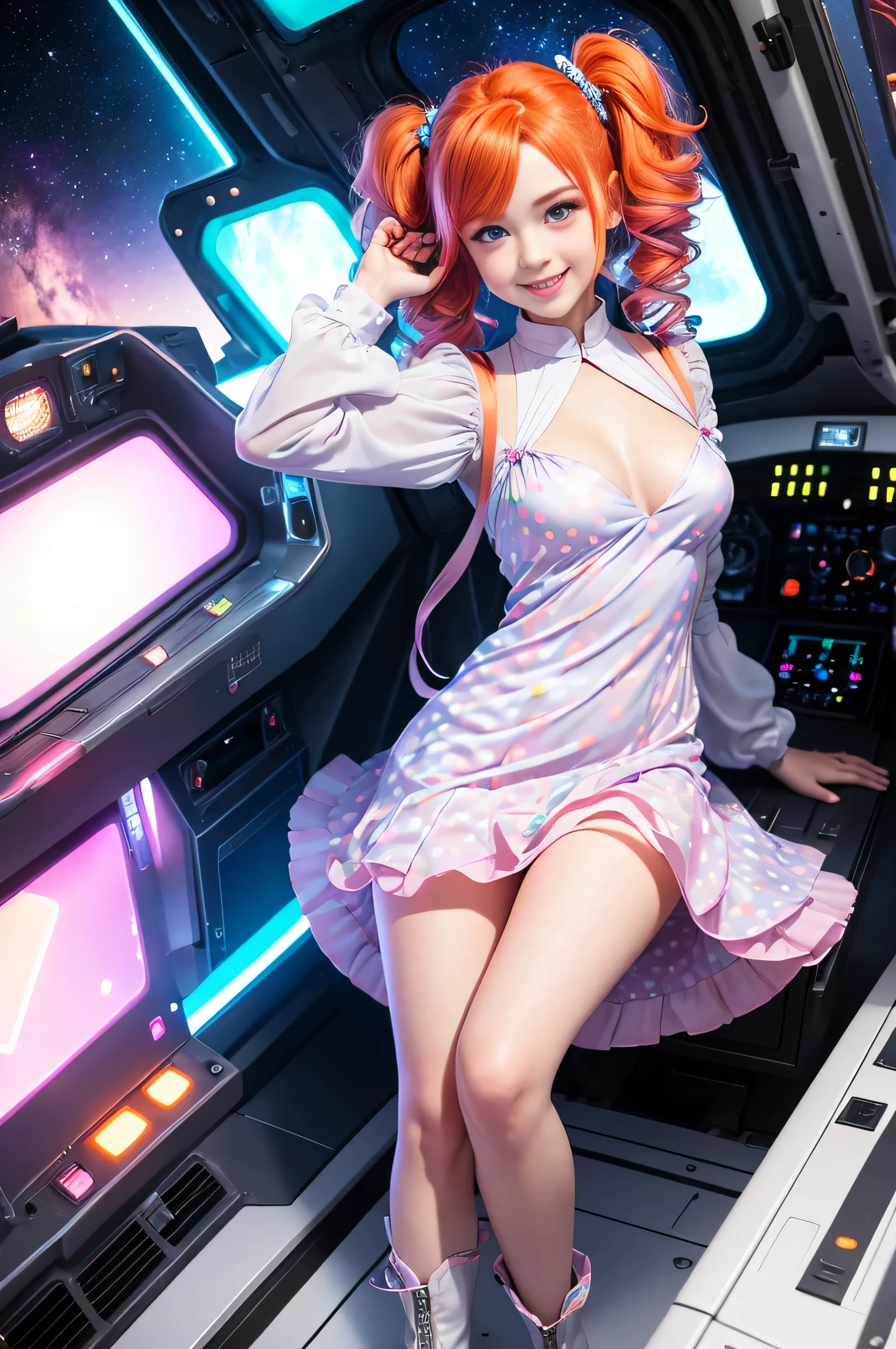 Best Quality, Masterpiece, 8k, RAW (overhead view) Cute redhead with rainbow colored hair tips, ribbons in her hair, 18-year-old woman, happy, excited expression, smiling, in twin tails, perfect eyes, clear sparkling blue eyes, pale skin, silky smooth white skin, alabaster skin, flying a fancy metal luxurious space ship, futuristic cockpit, she's a pilot, outer space seen in windows, dark warm lighting, wearing a futuristic party dress, low cut top, pleated (chemise) mini dress (pastel rainbow colors, and polka dots), puffy sleeves, silk, pantyhose, cute short cut booties, boots.