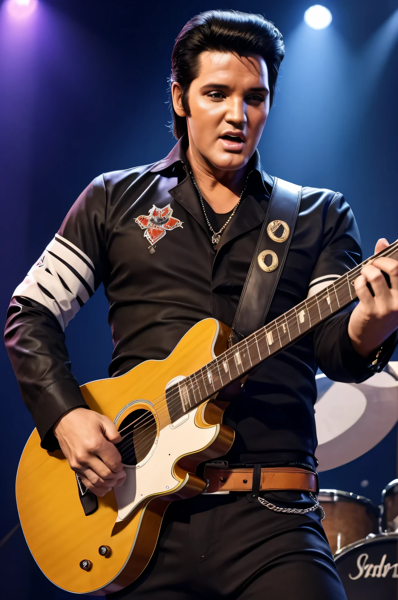 (Elvis Presley realista) 8k, rock and roll clothes, tocando guitarra eletricA, CANTANDO , uhd, only him,CORRIGIR EXTRAS HANDS, EXTRA PERNA