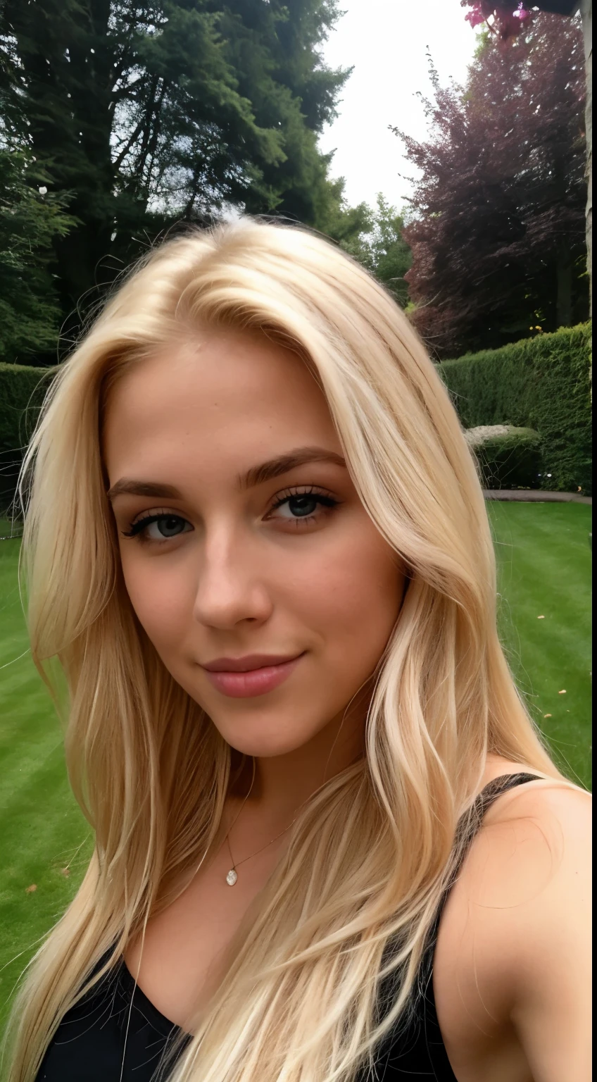 A 23 year old blonde woman, ((big )), ((Hyperrealismus)) ,. Blondes Haar mit hellbraunem Ansatz. blondes Haar, Haare mit braunen Wurzeln, extra langes Haar, sehr langes Haar, wirklich lange Haare, Nice, Vorderansicht, front view, Selfie, Mit dem iPhone aufgenommenes Foto, elegantes schwarzes Hemd mit Escote, escotada, Selfie in the garden, Good quality, Selfie, Dekollete
