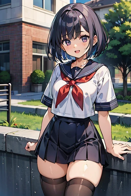 (Highly detailed CG unity 8k), （highest quality），（very detailed），（ultra high resolution）, black hair, High school girl in sailor suit, （navy blue sailor suit）, 2D rendering of anime high school girl, realistic young anime high school girl, Smooth anime 2D CG art, （headband）, smile, purple eyes, small breasts, tall, Straight hair, short bob cut, slanted eyes, （school scenery）, black stockings, ((Super detailed illustrations:1.2)), bright color, High-definition, open your mouth a little,