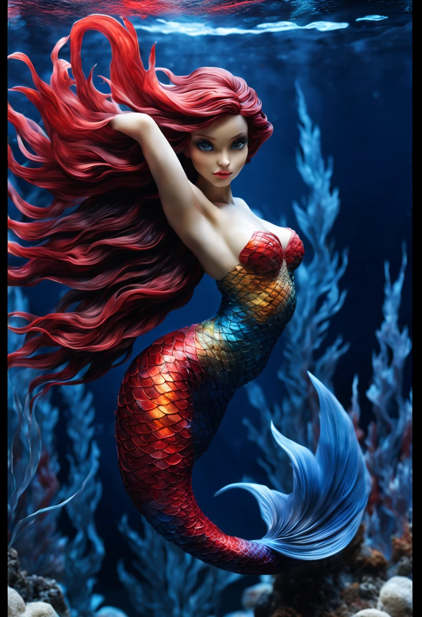a beautiful mermaid in water with fiery red, black, and blue hues made of glass fibers, hyper realistic, highly detailed