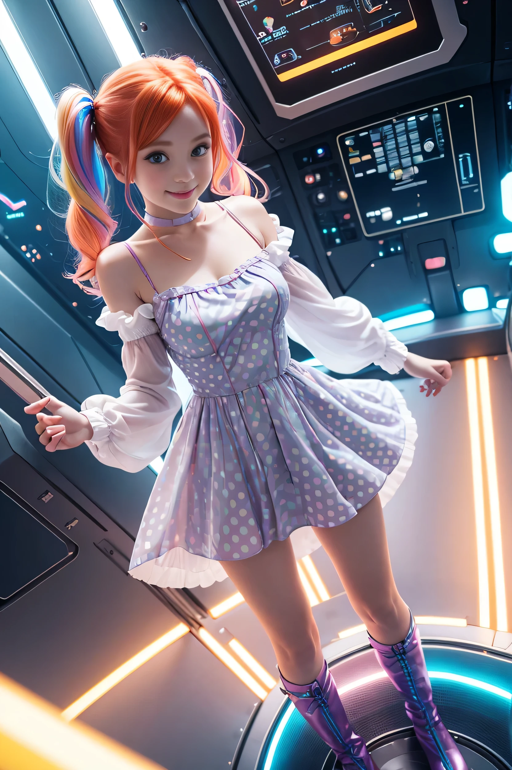 (overhead view) Cute redhead with rainbow colored hair tips, ribbons in her hair, 18-year-old woman, happy, smiling, in twin tails, perfect eyes, clear sparkling blue eyes, pale skin, silky smooth skin, flying a fancy metal luxurious space ship, futuristic cockpit, she's a pilot, outer space seen in windows, dark warm lighting, wearing a futuristic party dress, pleated (chemise) mini dress (pastel rainbow colors, and polka dots), puffy sleeves, silk, pantyhose, cute short cut booties, boots.