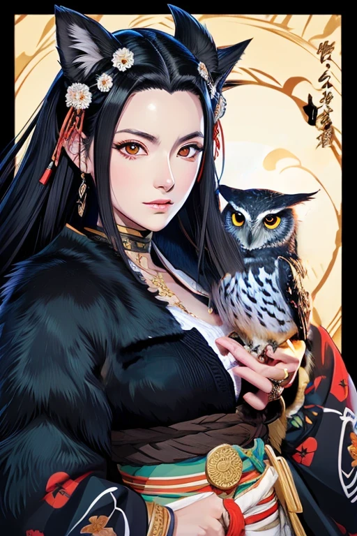 three black dogs, a small owl