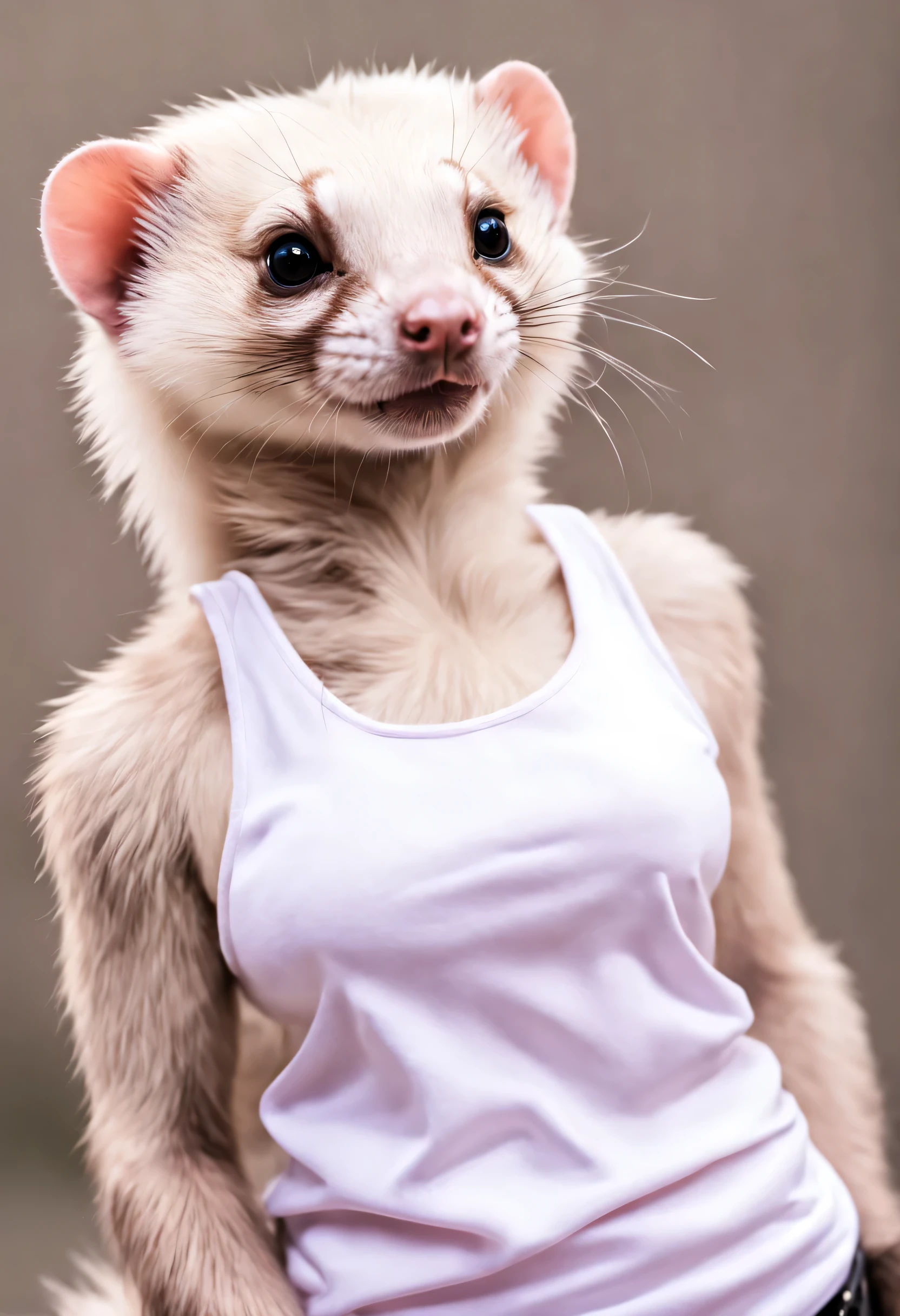 Close-up of an anthropo-furry female ferret wearing a loose white tank top, sable fur color, paws, Pink tong