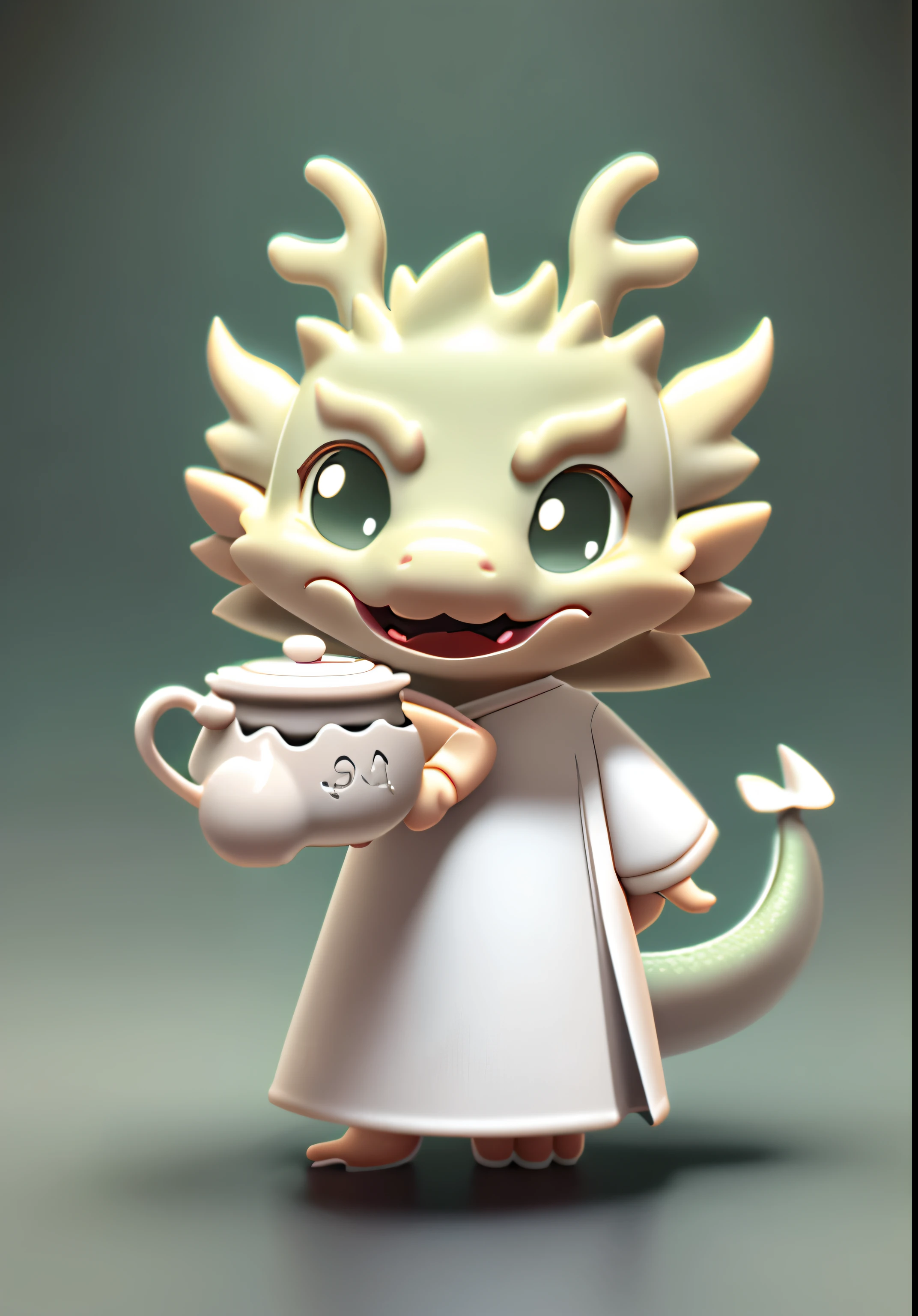 Transition natural colorless block color uniform clean Morandi color matching soft color cute character clay material blind box handmade style 3d modeling c4d rendering ultra-clear rendering one-stop IP image dragon cartoon animation dragon mobile phone holding a kettle printed with dragon shape pattern