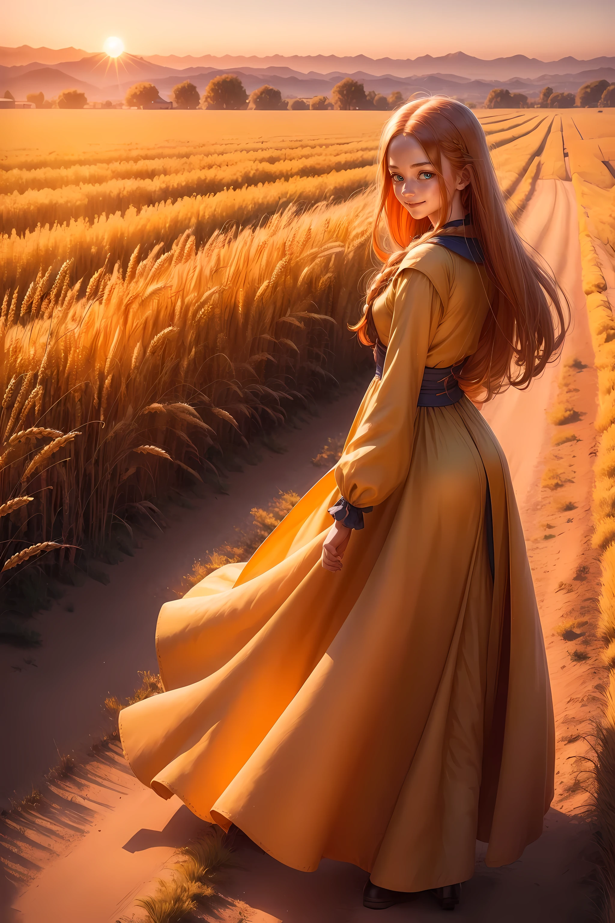 1 girl, alone, orange long hair, running, (tall wheat fields), turn around, emerald eyes, blue dress, middle Ages, middle Ages服装, long sleeve sunset, light from behind, shadows on characters, Smile, laughter, (blue sky), Against the background of wheat, stand far away, looking at the audience, full length