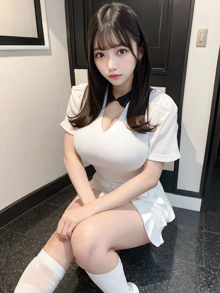 Original quality, highest quality, best image quality, exaggerated detail, cute 8-year-old asian girl with shy expression, slightly squinted eyes, adjust her hair, long eyelashes (long / very, in uniform) outdoors, posing in front of the camera, focus on breasts. Wear a white shirt.,detail boobs big breast,The chest is more exposed,short Thin silk lace petticoat