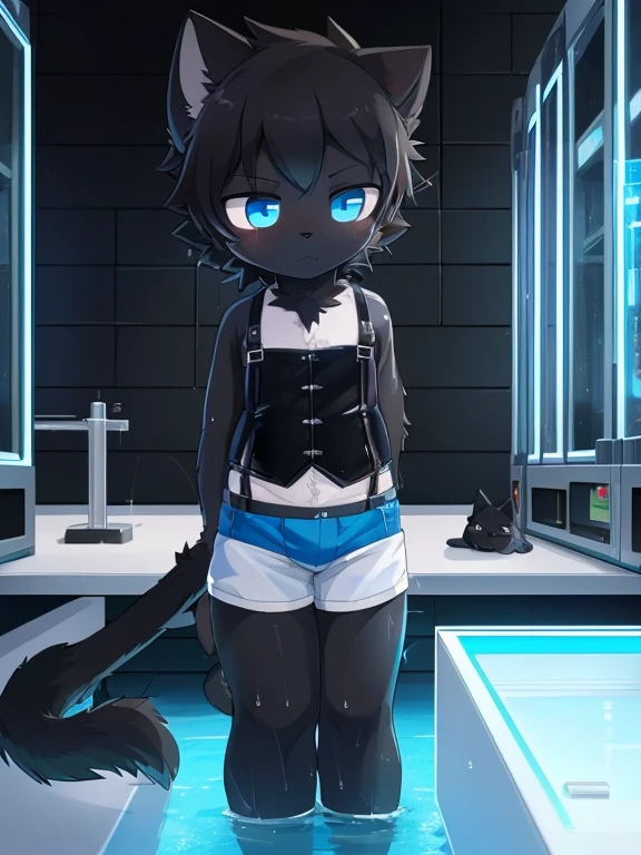 4K，8k，high resolution，masterpiece, best quality，blue eyes, hairy, alone, Wearing pure blue shorts， wet fur,，short tail((black cat，Shota))in laboratory，Corsets