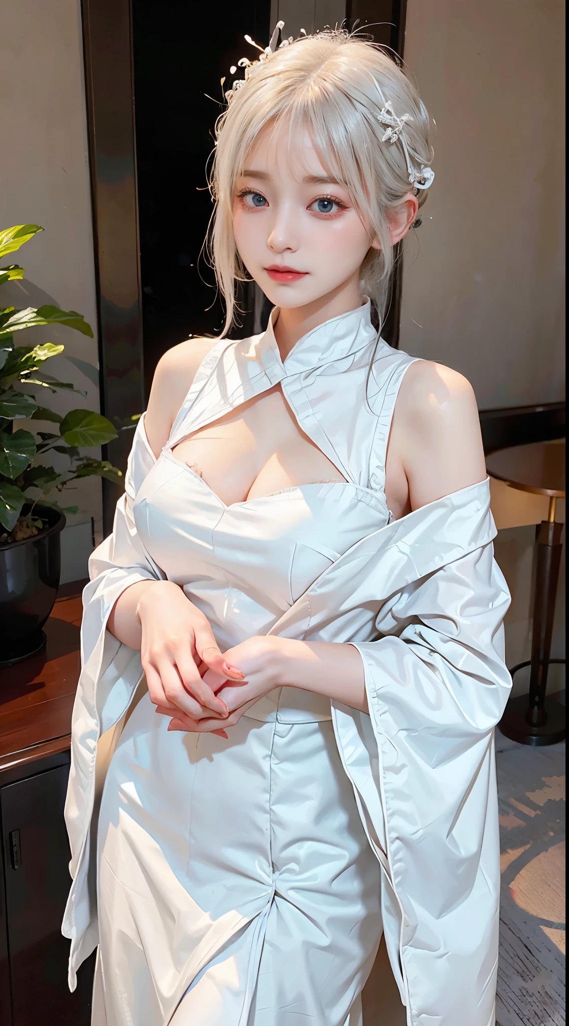 A beautiful woman with white hair、A serene figure standing in the attire of a sister.。Her white monk&#39;s robe brings out her elegant beauty.、It has a quiet atmosphere.。White hair has a gentle shine、Deep blue eyes reflect the knowledge and faith that resides within.。Smiling lips are full of compassion、A calm expression brings a peaceful atmosphere to the surrounding area。her presence、It represents sacred beauty and inner richness.。
