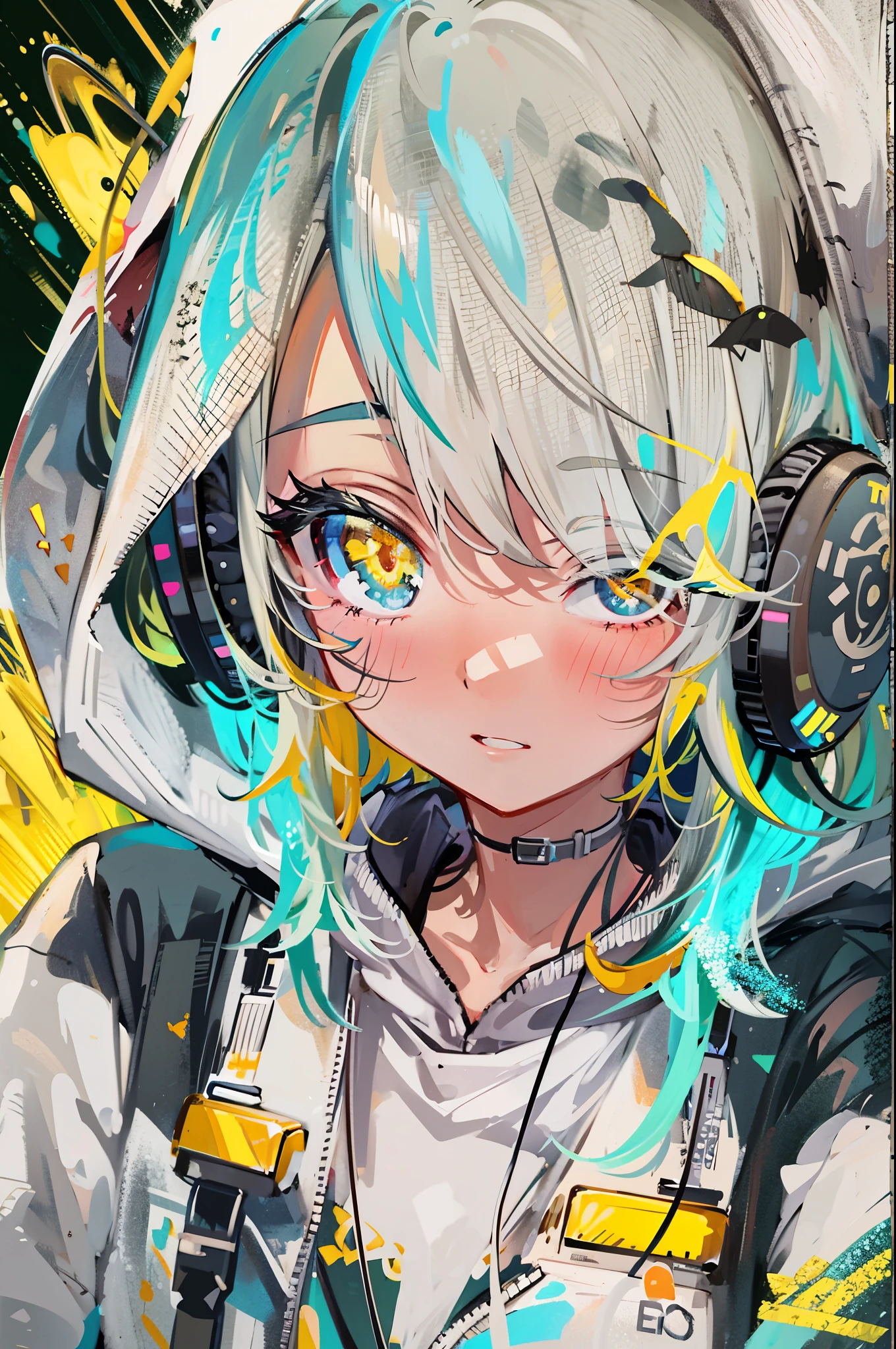 8K resolution、((highest quality))、((masterpiece))、((super detailed))、1 female、solo、incredibly absurd、oversized hoodie、The background has a design that looks like paint is splattered.、headphones、street、yellow background、rain、Fluorescent neon、short cut hair、colorful hair tips、bright colored eyes、put one's hand in one's pocket、shorts、water dripping、unusual colored eyes, Vivid eyes