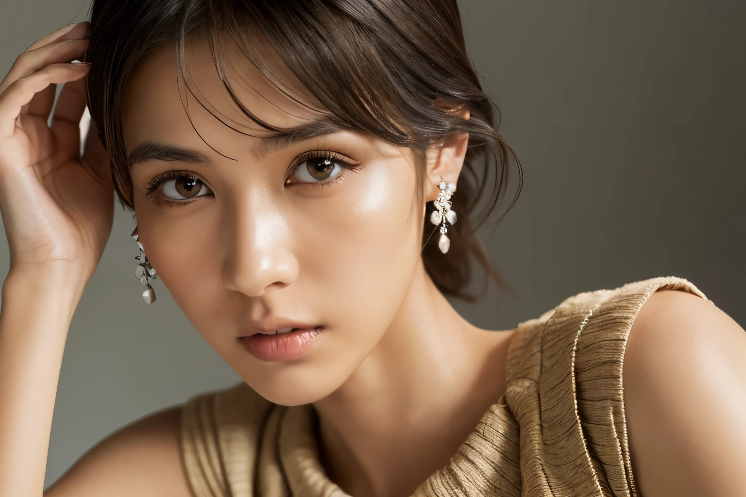 ((close-up)), best quality, ultra high res, (photorealistic:1.4), RAW photo, 1 japanese girl, she is very thin, , brown eyes, catch light, black crystal stone, glow, dof, Bloom and GLARE, natural skin, (brown midi hair), cowboy shot, (nice plane Tusk Ear Cuff Sterling Silver Earrings of brand Otis Jaxon), beige sleeveless sheer plane dress, small crew neck, (pleated-accent:1.3), jill sander, Deluxe, Mature, Tenebrism, (dramatic lighting:1), striking highlights, intense contrast, 