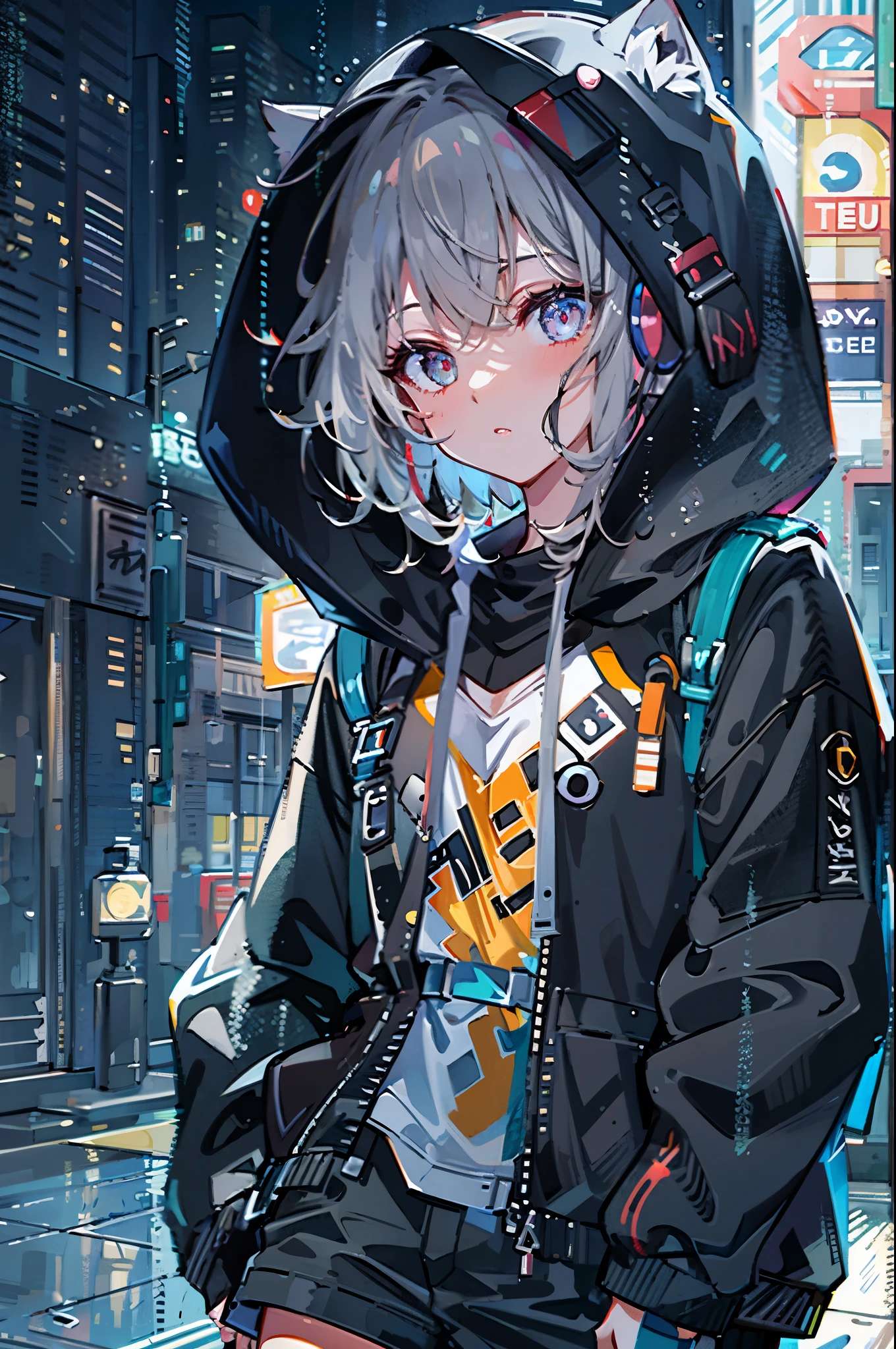 8K resolution、((highest quality))、((masterpiece))、((super detailed))、1 female、solo、incredibly absurd、oversized hoodie、headphones、street、outdoor、rain、cute neon、short cut hair、bright colored eyes、put one's hand in one's pocket、shorts、water dripping、downer、Glitch