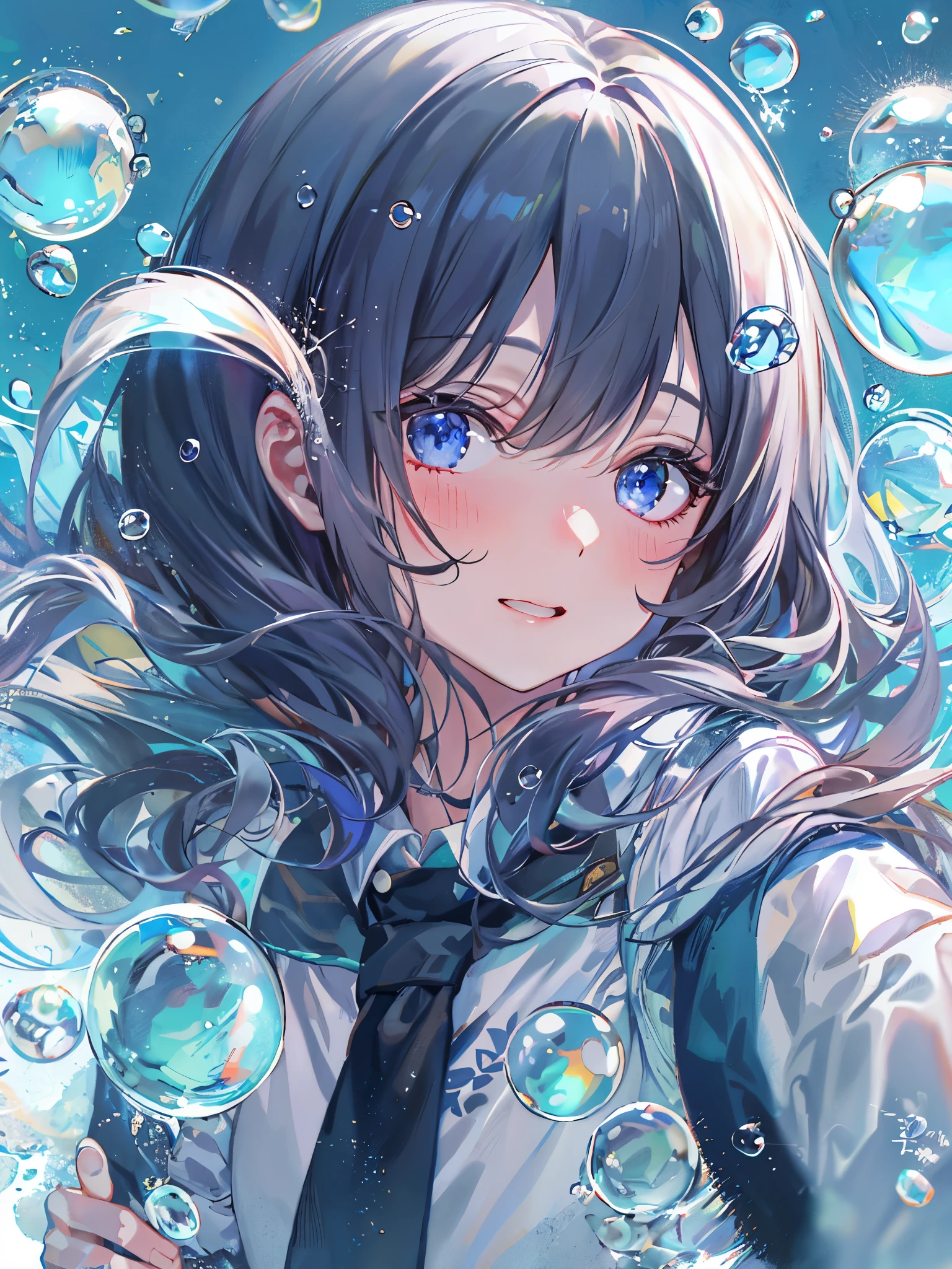 ((highest quality)), ((masterpiece)), ((super detailed)), (very delicate and beautiful), and, solo, cold attitude,((black jacket)),彼女はandても(relax)and(calm down)Appearance,black haired, Depth of bounds written,evil smile,bubble, in water, エアbubble,bright light blue eyes,水色の髪and紺色の先端を持つインナーカラー,cold background,Bob Hair - Linear Art, shorts、knee high socks、white uniform that looks like a school uniform、light blue ribbon tie、clothes are transparent、put one's hand in one's pocket、water droplets floating in the air
