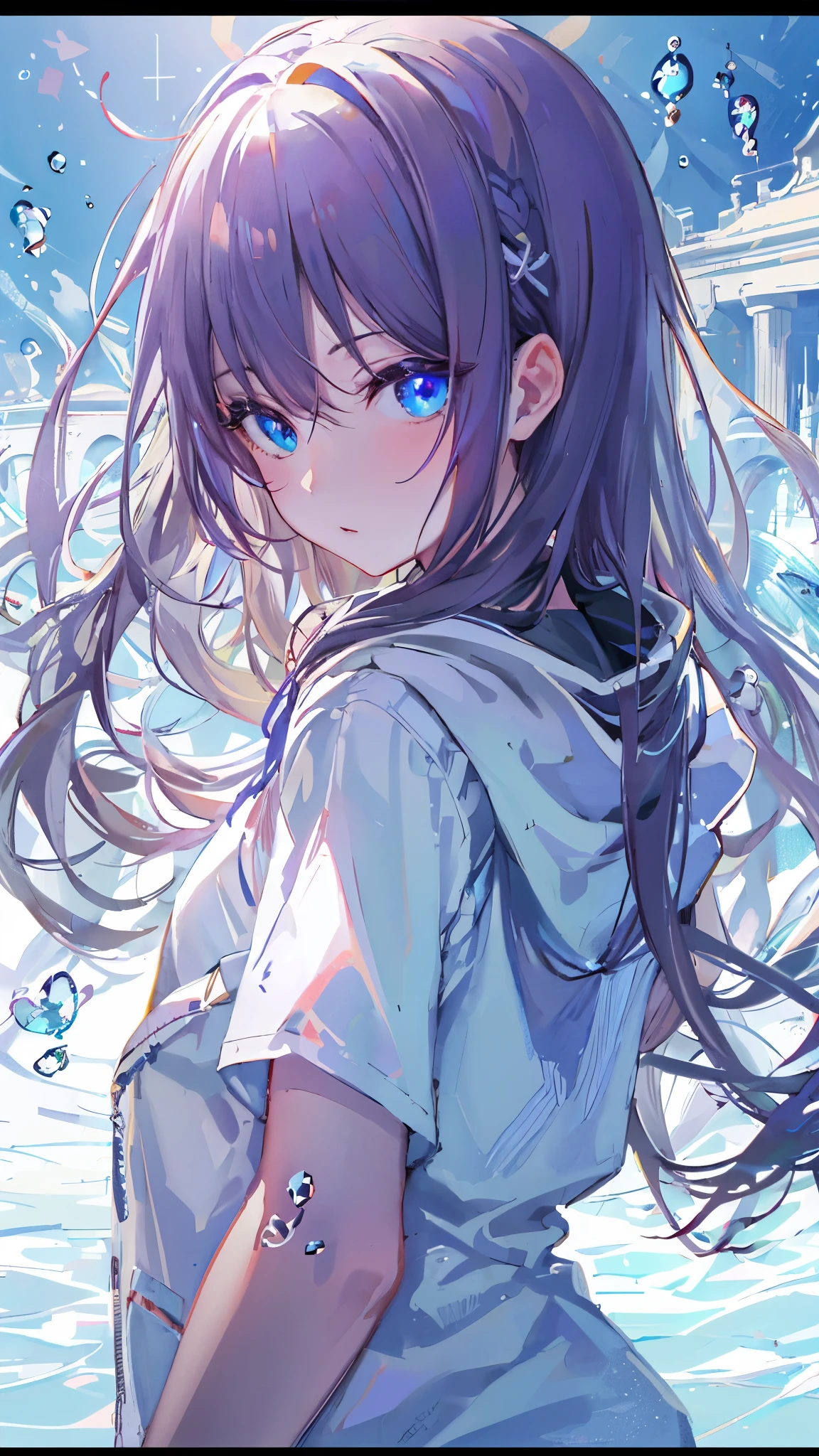 ((highest quality)), ((masterpiece)), ((Super detailed)), (extremely delicate and beautiful), girl, solo, cold attitude,((White hoodie)),彼女はandても(relax)and(calm down)I can see,Depth of bounds written,evil smile,Bubble, in water, air bubble,Underwater world bright light blue eyes,明るい白髪and水色の先端を持つインナーカラー,,,,,,,,,,,,,,,,,,,,,,cold background,Bob Hair - Linear Art, shorts、knee high socks、white uniform that looks like a school uniform、light blue ribbon tie、clothes are transparent、The hand in my right pocket is like a sapphire,Fronresse Blue, A small blue light was floating、fantastic eyes、Self snap,self shot