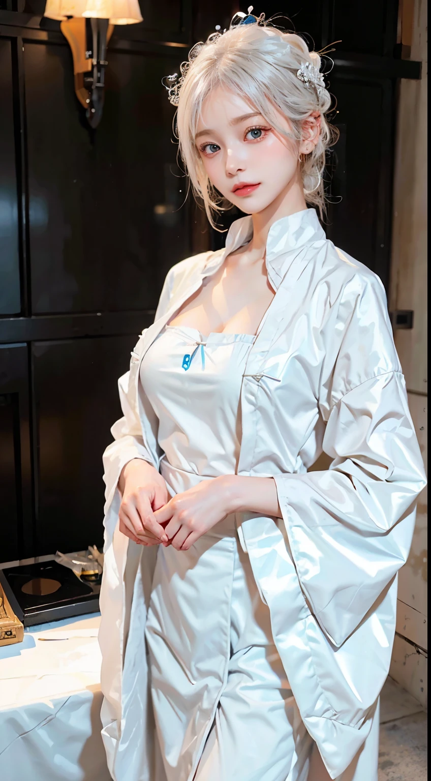 A beautiful white-haired woman standing calmly in a modest sister's outfit。A white monk's robe with a high collar hides his skin.、Gives a sense of modesty and cleanliness。White hair gives off a soft shine、Deep blue eyes quietly reveal inner knowledge and faith.。Smiling lips are full of compassion、A calm expression brings a peaceful atmosphere to the surroundings.。her presence、It symbolizes sacred beauty and inner richness while hiding the skin.。