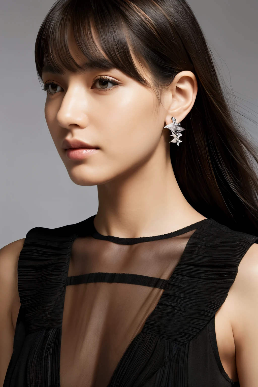 ((close-up)), best quality, ultra high res, (photorealistic:1.4), RAW photo, 1 japanese girl, she is very thin, , brown eyes, catch light, black crystal stone, glow, dof, Bloom and GLARE, natural skin, (brown midi hair), upper body, (nice plane Tusk Ear Cuff Sterling Silver Earrings of brand Otis Jaxon), Black sleeveless sheer plane dress, small crew neck, (pleated-accent:1.3), jill sander, Deluxe, Mature, Tenebrism, (dramatic lighting:1), striking highlights, intense contrast, 