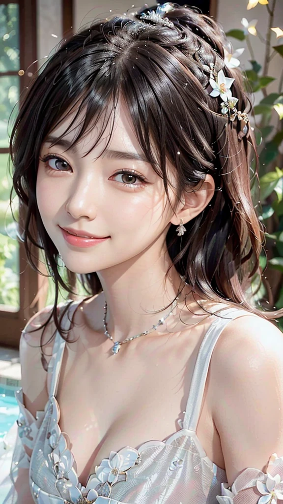 highest quality, ultra 8k, actual, A photo of a beautiful and cute Japanese woman, detailed face, detailed eyes, Beautiful black hair, (white dress with detailed details), Mansion Pool, (Close up head from collarbone), fascinating look, looking at the viewer, happy smile, Bright lighting, 10 years old