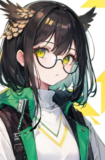 Beautiful owl girl Yellow glasses Yellow-green eyes Black hair Attractive Whole body Mainly white clothes