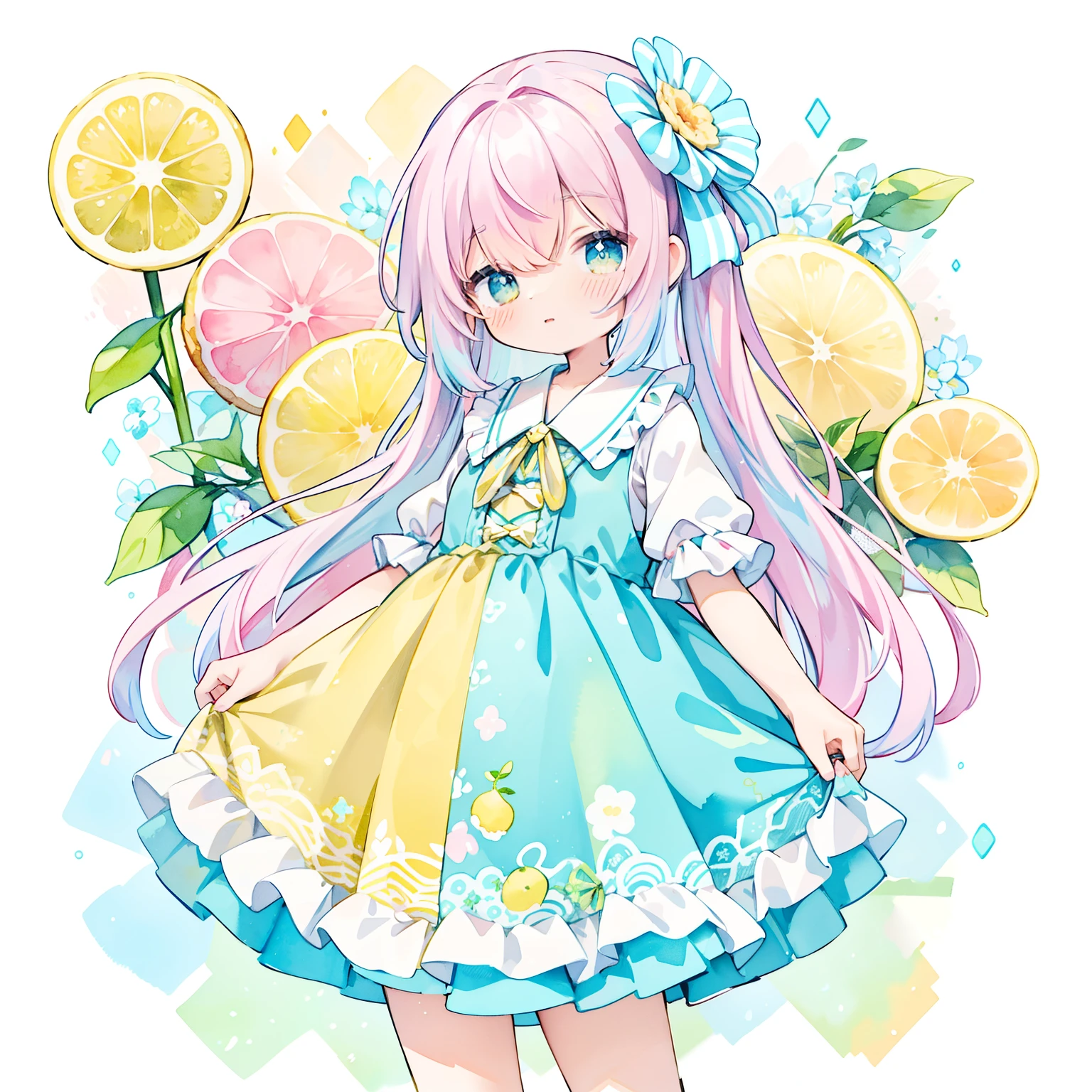 (PastelColors:1.3)、(Cute illustration:1.3)、(watercolor paiting:1.1)、yellow theme、Lemon Fairy：1.3(ruffle dress、big ribbon decoration