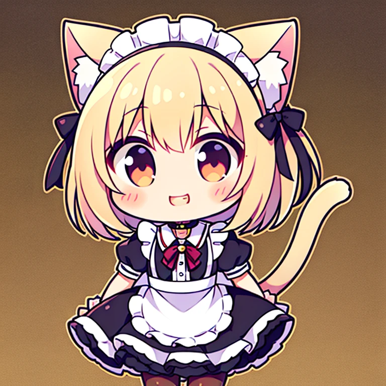 Girl, cute smile, cat ears, tail, medium hair, white short-sleeved shirt with collar, maid dress, chibi