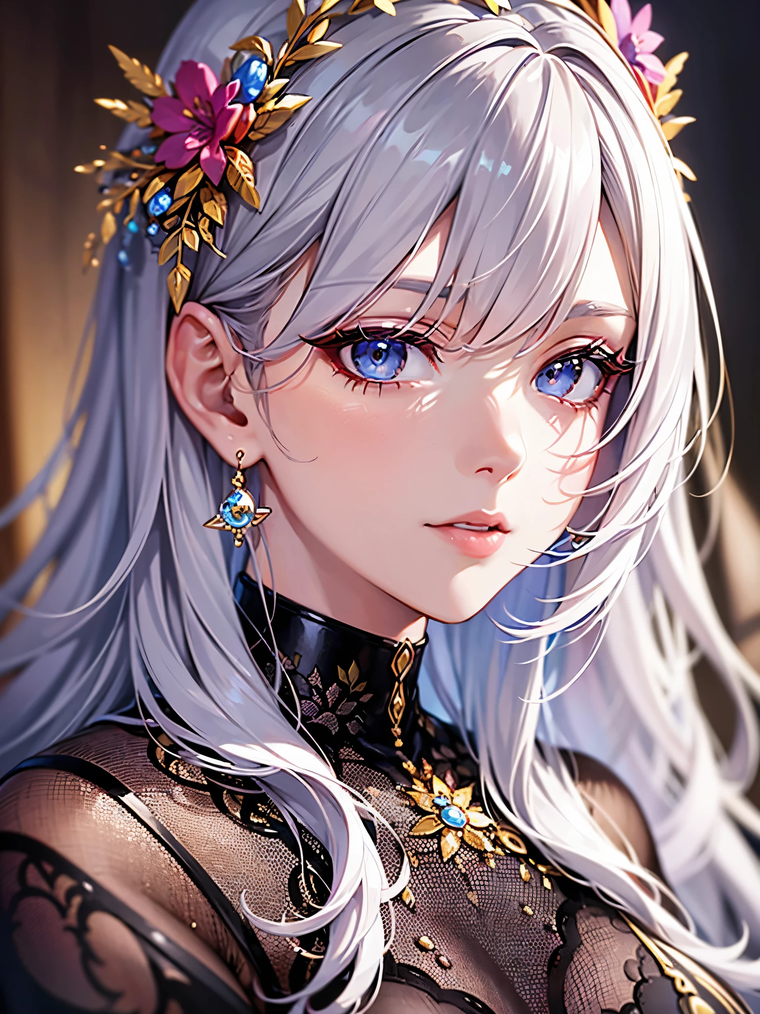 ((highest quality)),(ultra high resolution),(Super detailed),(detailed description),((best CG)),(best work of art),super precision art,great drawing art,(Art with precise details:1.5), (1 woman:1.5),Beautiful face 1.5,makeup:1.7,eye shadow:1.4,earrings:1.5,smug face:1.5,big breasts:1.4,suit figure:1.6